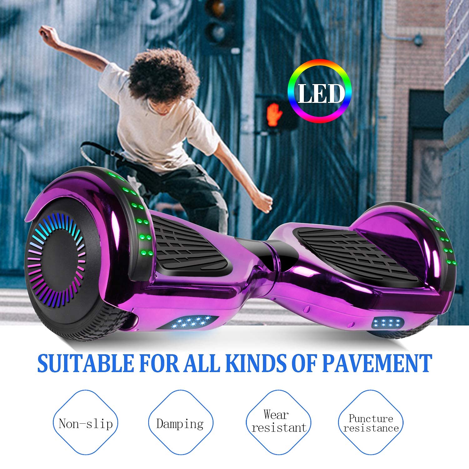 6.5 Inch Hoverboard with Bluetooth Speaker & LED Lights - Self Balancing Scooter for Kids & Adults - Perfect for Commuting, Indoor/Outdoor Fun & Gift Giving