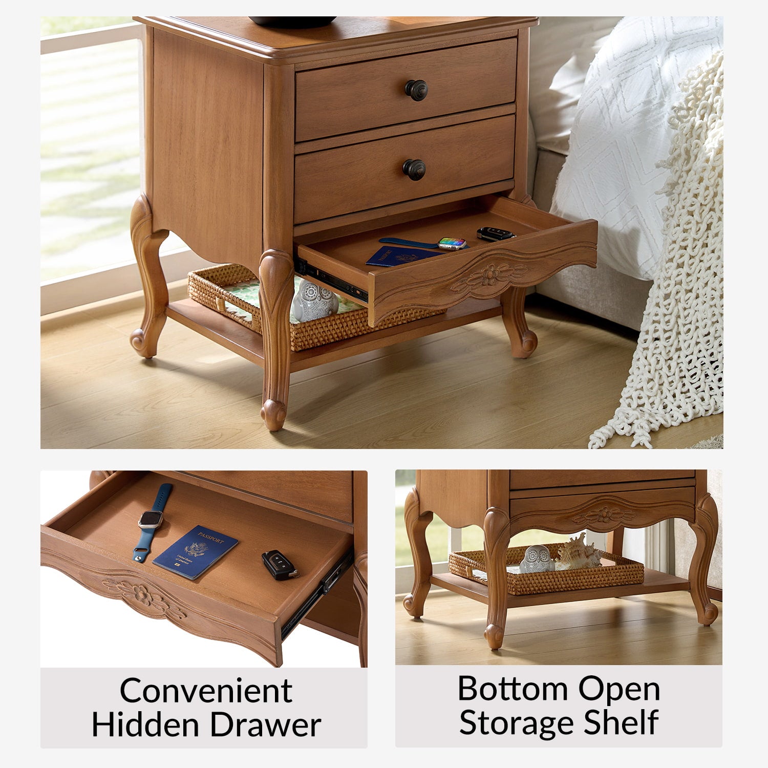Nina Modern Nightstand with Hidden Drawer - Fully Assembled Bedside Table for Bedroom, Living Room & Office - Traditional Exquisite Design (Optional Types Available)