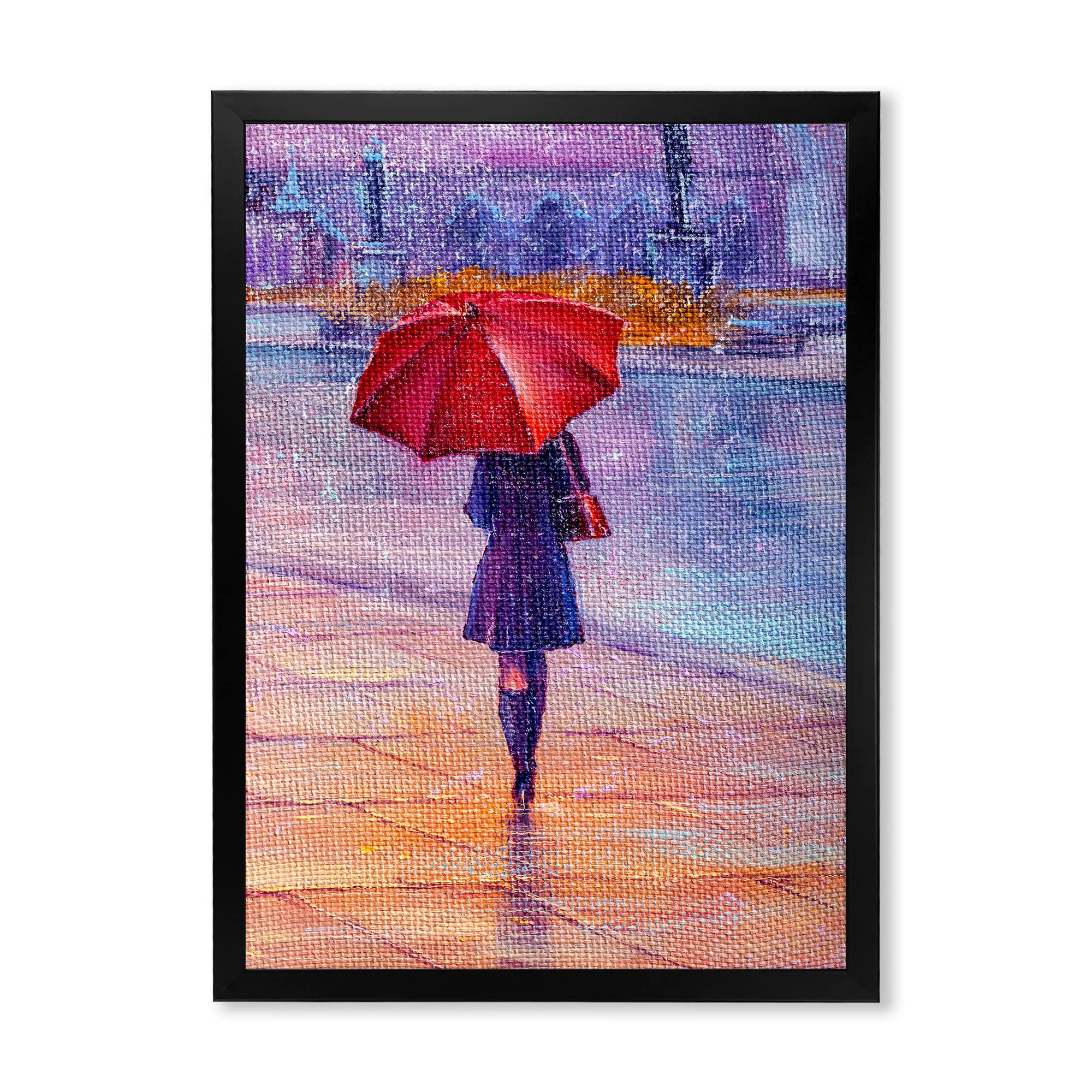 DesignQ French Country Framed Wall Art - Woman Walking with Red Umbrella in Rain - Perfect for Living Room, Bedroom & Office Decor