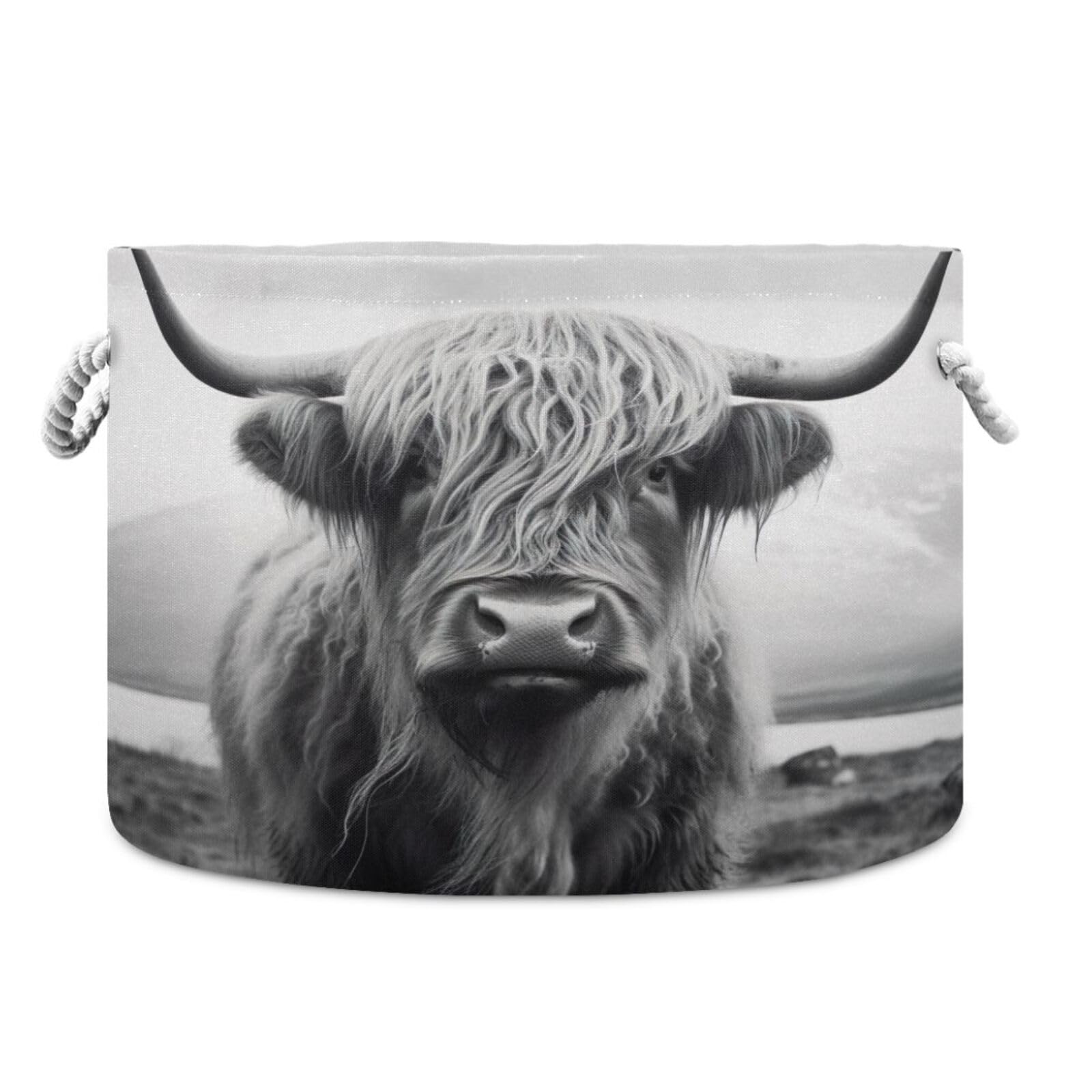 Organic Cotton Rope Storage Basket with Highland Cow Design - Perfect for Baby Laundry, Blankets & Toys Organization - Nursery, Playroom & Home Decor Essential