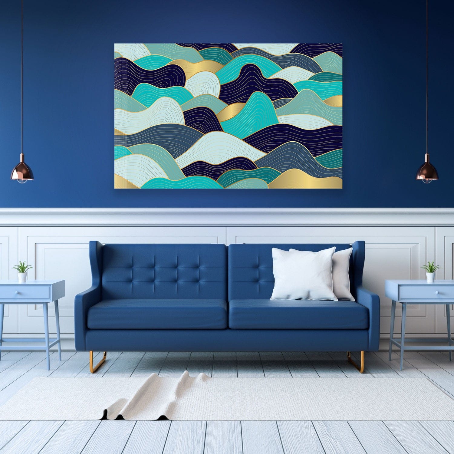 Shades of Blue Waves Tempered Glass Wall Art - Ocean Themed Home Decor for Living Room, Bedroom & Office