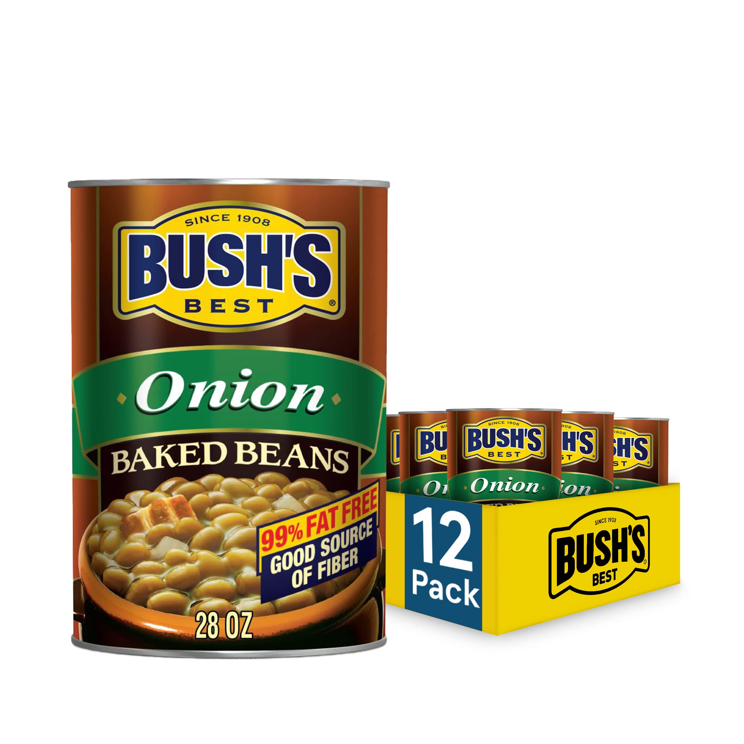 BUSH'S BEST Canned Onion Baked Beans (Pack of 12) | Plant-Based Protein & Fiber | Low Fat, Gluten Free | 28 oz Cans | Perfect for BBQs, Camping & Quick Meals