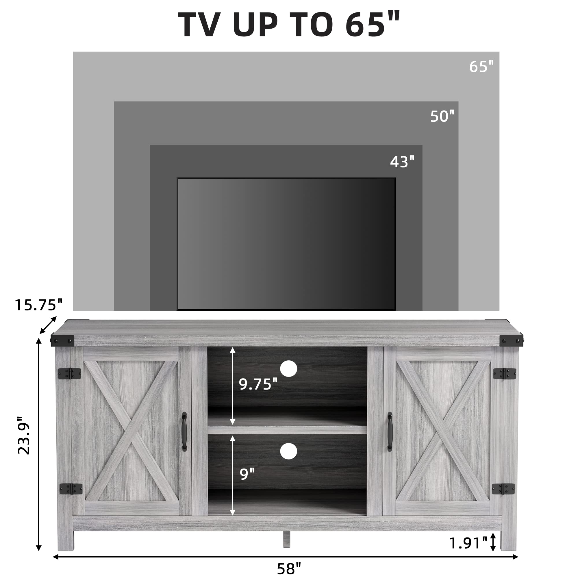 JUMMICO 65 Inch TV Stand - Farmhouse Style Entertainment Center with Double Barn Doors & Storage Cabinets, Media Console Table for Living Room & Bedroom (Grey) - Perfect for Rustic Home Decor & TV Organization