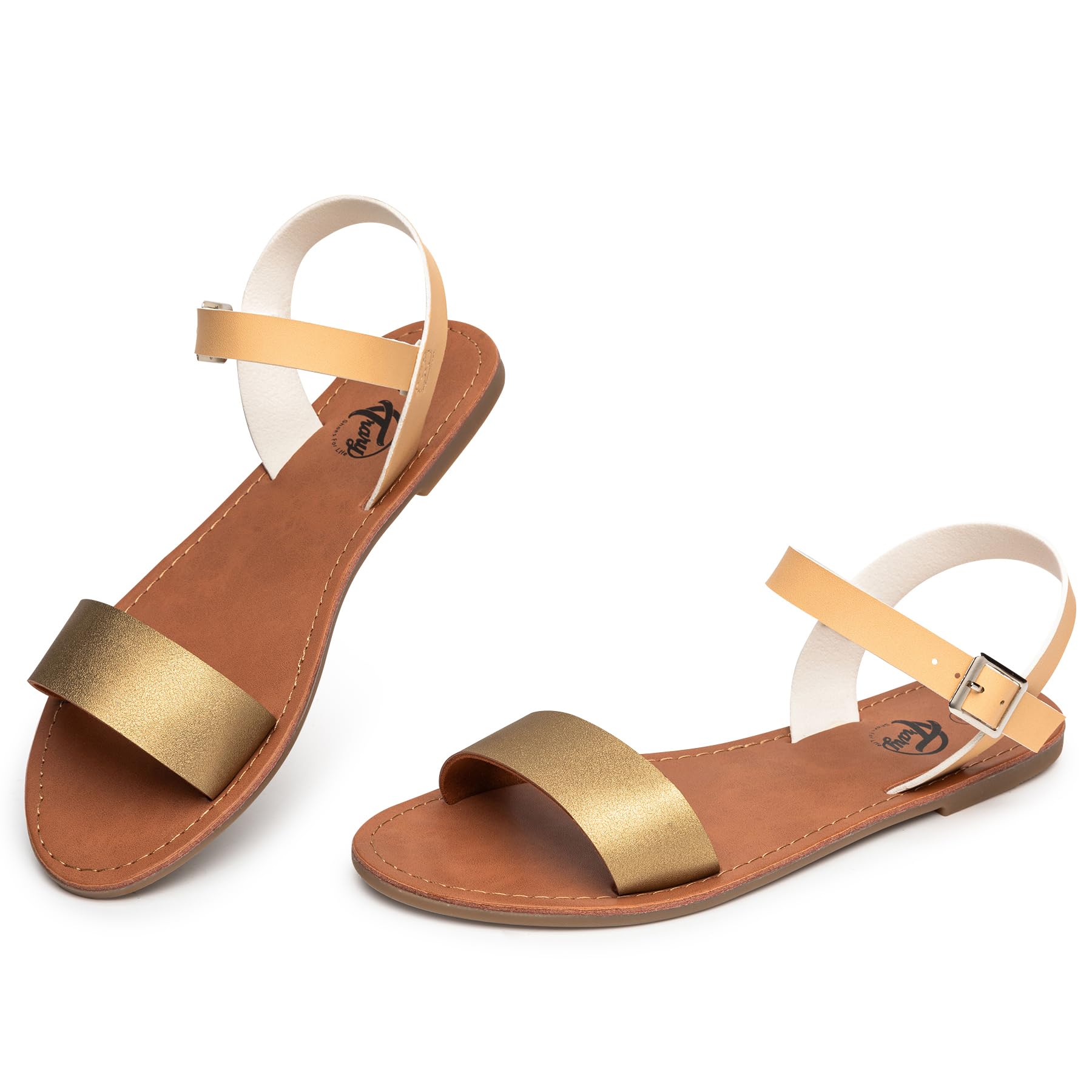 Stylish Women's Leather Flat Sandals with Adjustable Metal Buckle | Two-Tone Gladiator Sandals for Summer | Comfortable Open-Toe Dressy Sandals for Weddings, Parties & Beach Vacations