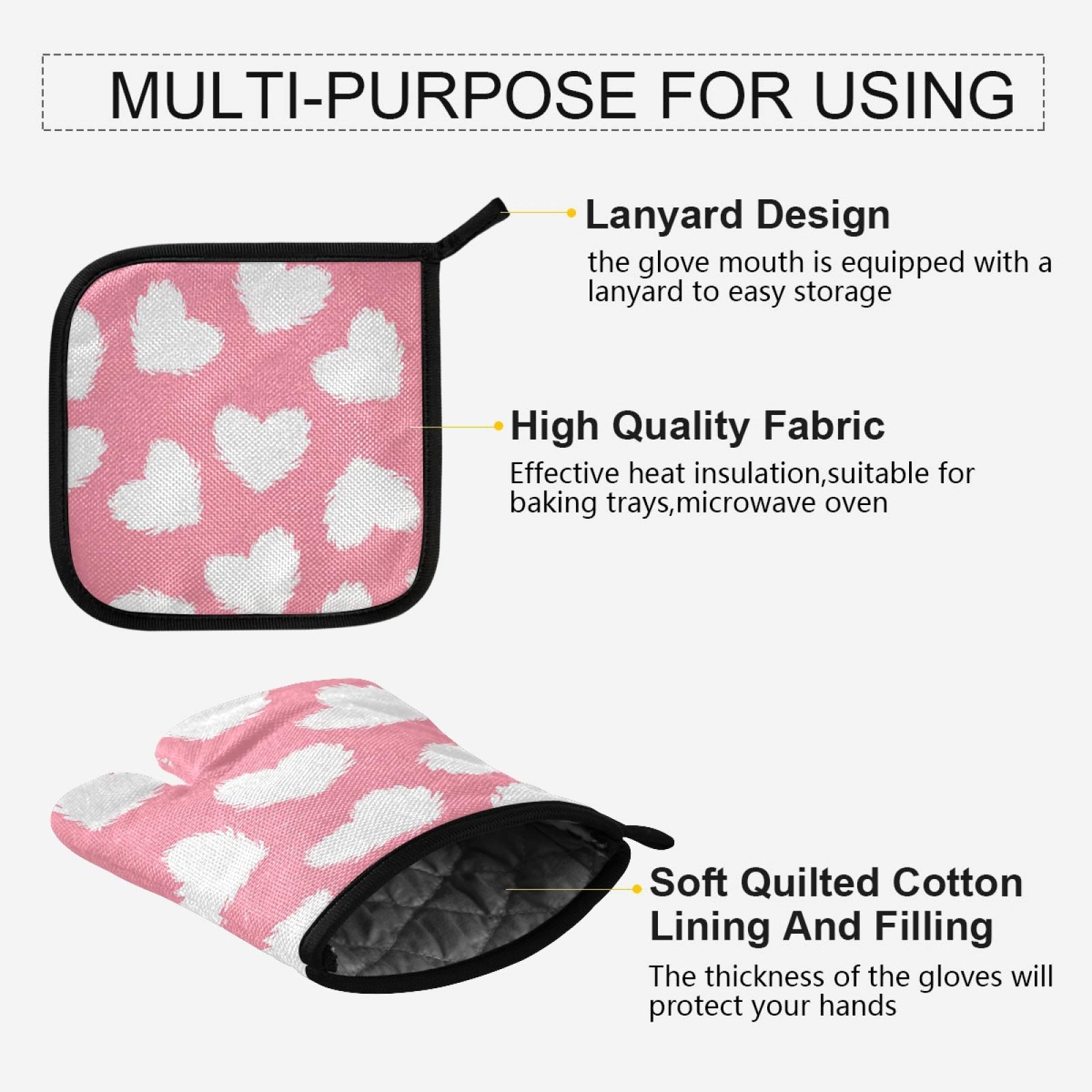 Valentine's Day & Mother's Day Oven Mitts and Pot Holders Set - Heat Resistant Pink Kitchen Gloves for Cooking, Baking, BBQ - Perfect for Holiday Gifts & Home Cooking Safety
