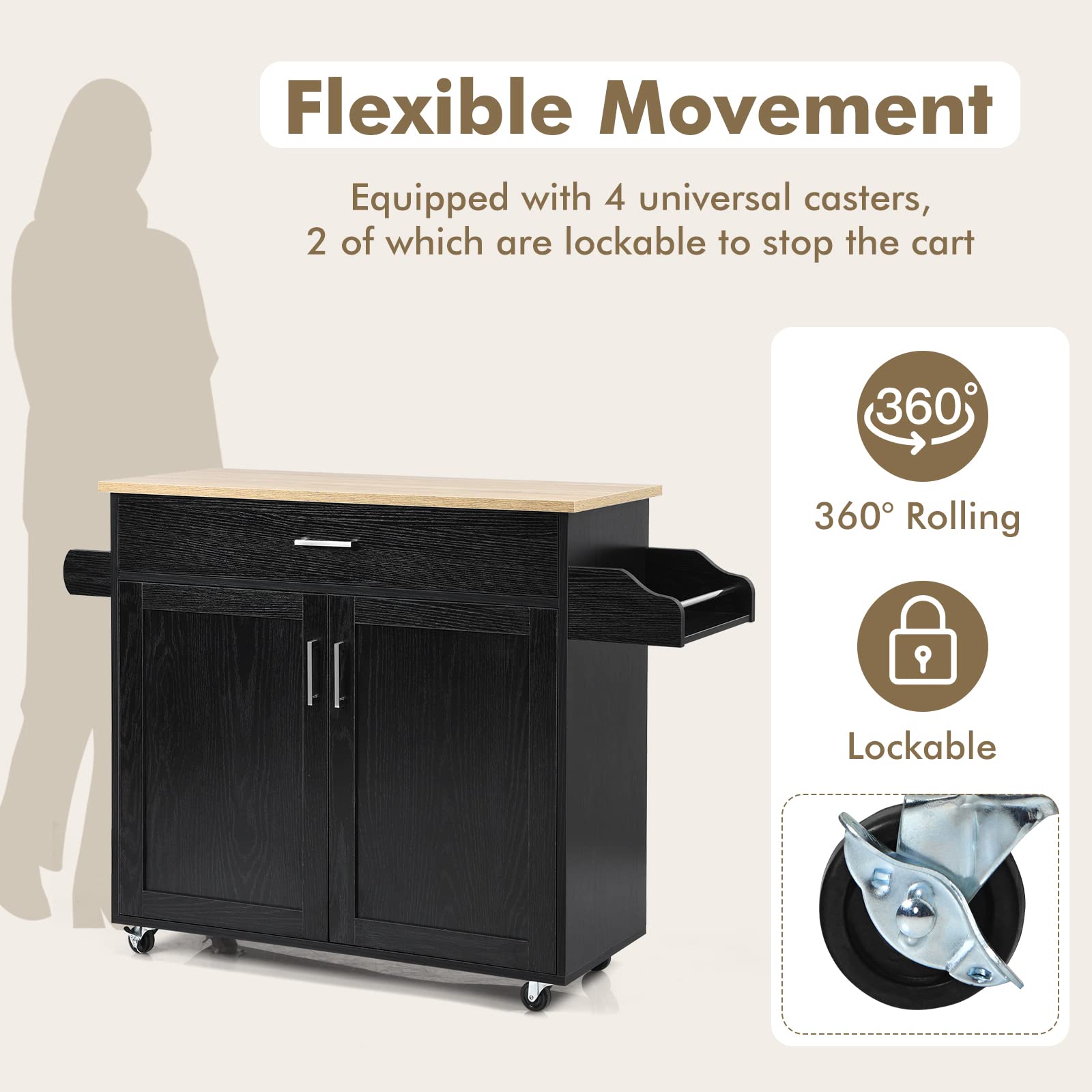 COSTWAY Kitchen Island Cart with Wheels - Lockable Rubber Casters, Large Storage Cabinet, Drawer & Spice Rack | Adjustable Shelves (3 Positions) & Towel Holder | Mobile Kitchen Organizer for Small Spaces, Dining Room Serving Cart & Pantry Storage (Black)