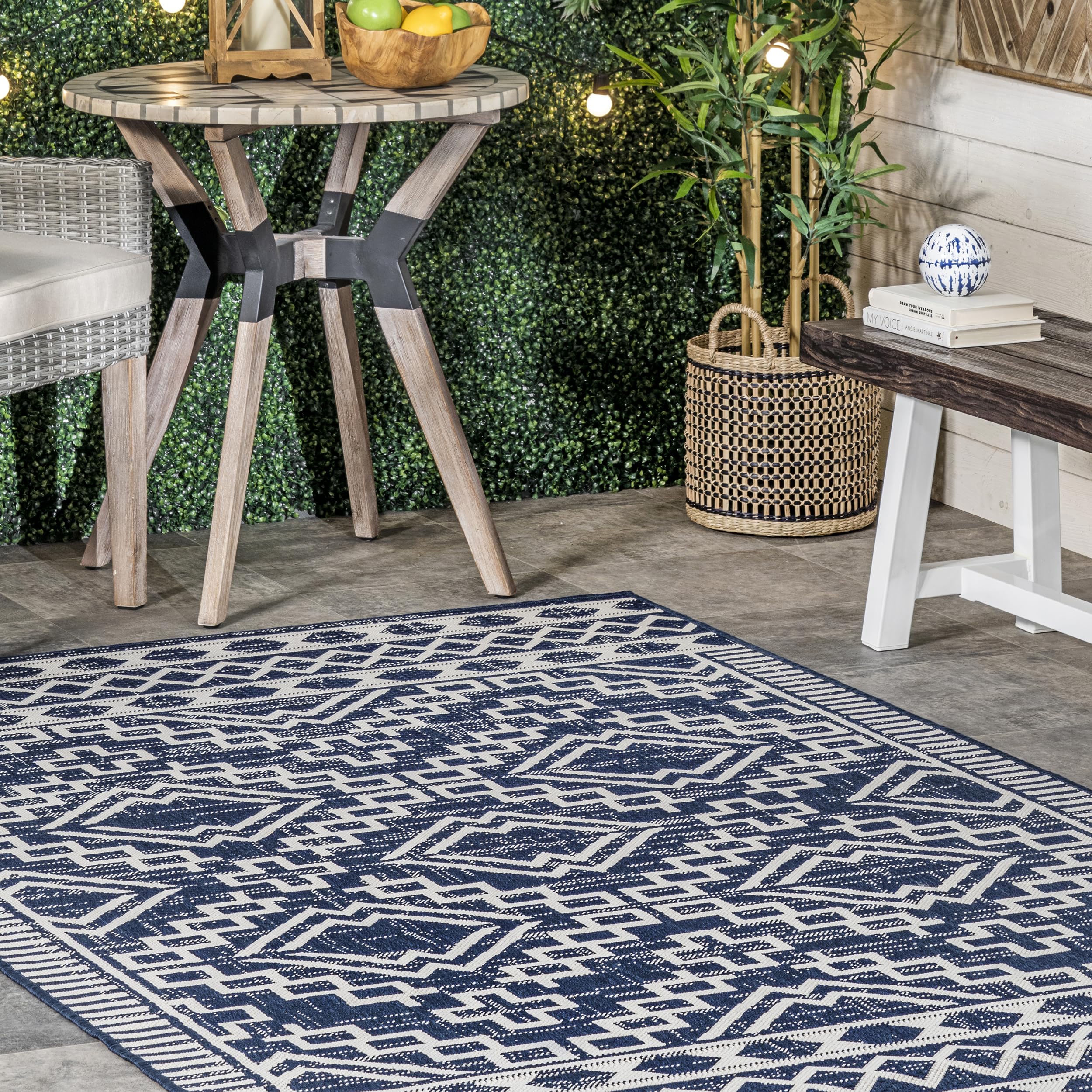 nuLOOM 8' x 10' Outdoor Performance Area Rug - Stain & Weather Resistant - High Traffic Patio & Balcony Rug - Cari Blue Design - Perfect for Outdoor Entertaining & Poolside Lounging