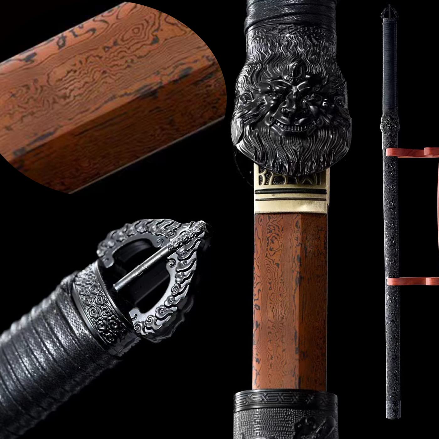 Handmade Damascus Steel Tang Dao Sword - Chinese Samurai Sword with Full Tang Sharp Blade - Golden-Banded Will-Following Staff Theme - Collectible Display, Martial Arts Training, Cosplay Prop, Home Decoration