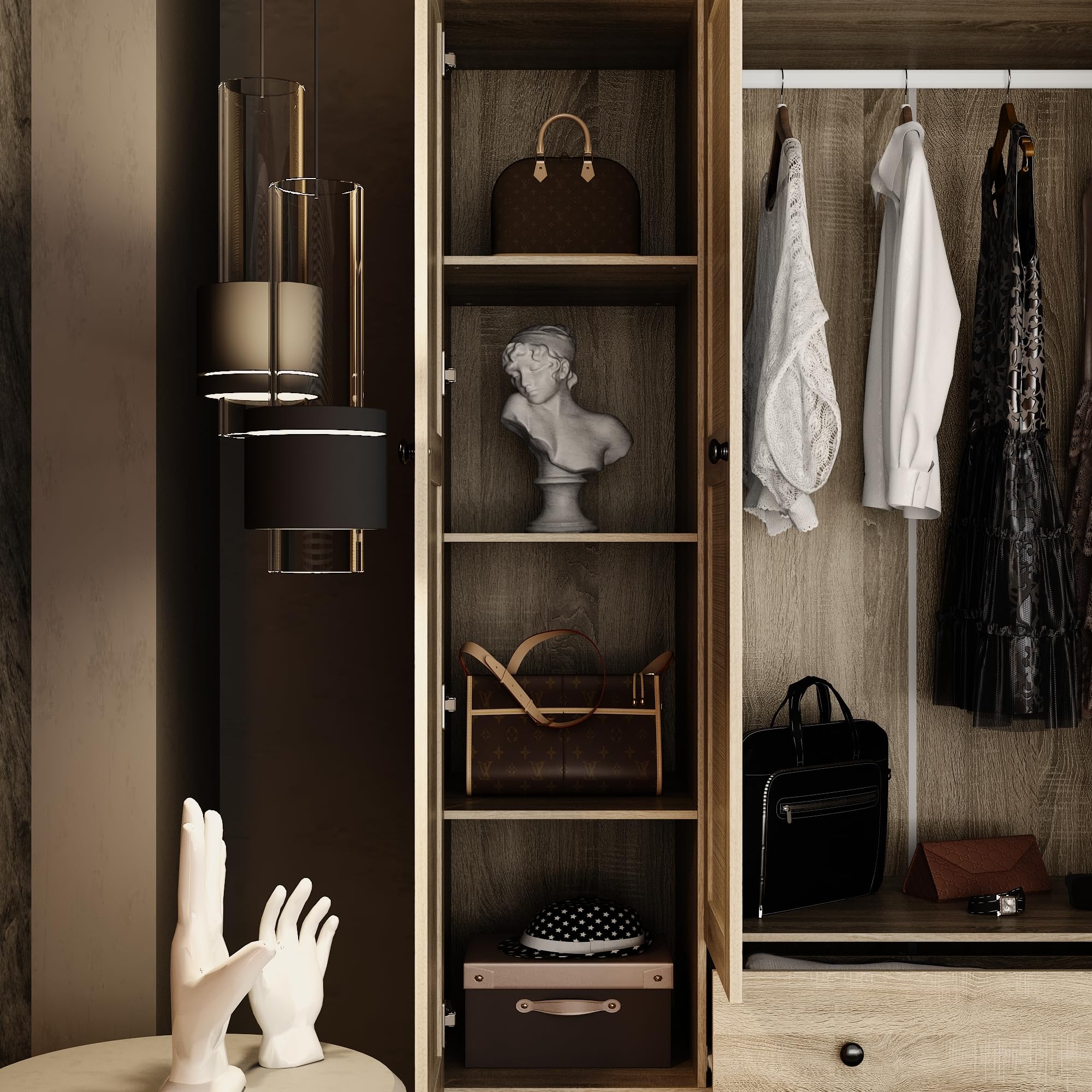 Hitow 8-Door Rattan Wardrobe Cabinet with 5 Drawers & Hanging Rod - 18.8
