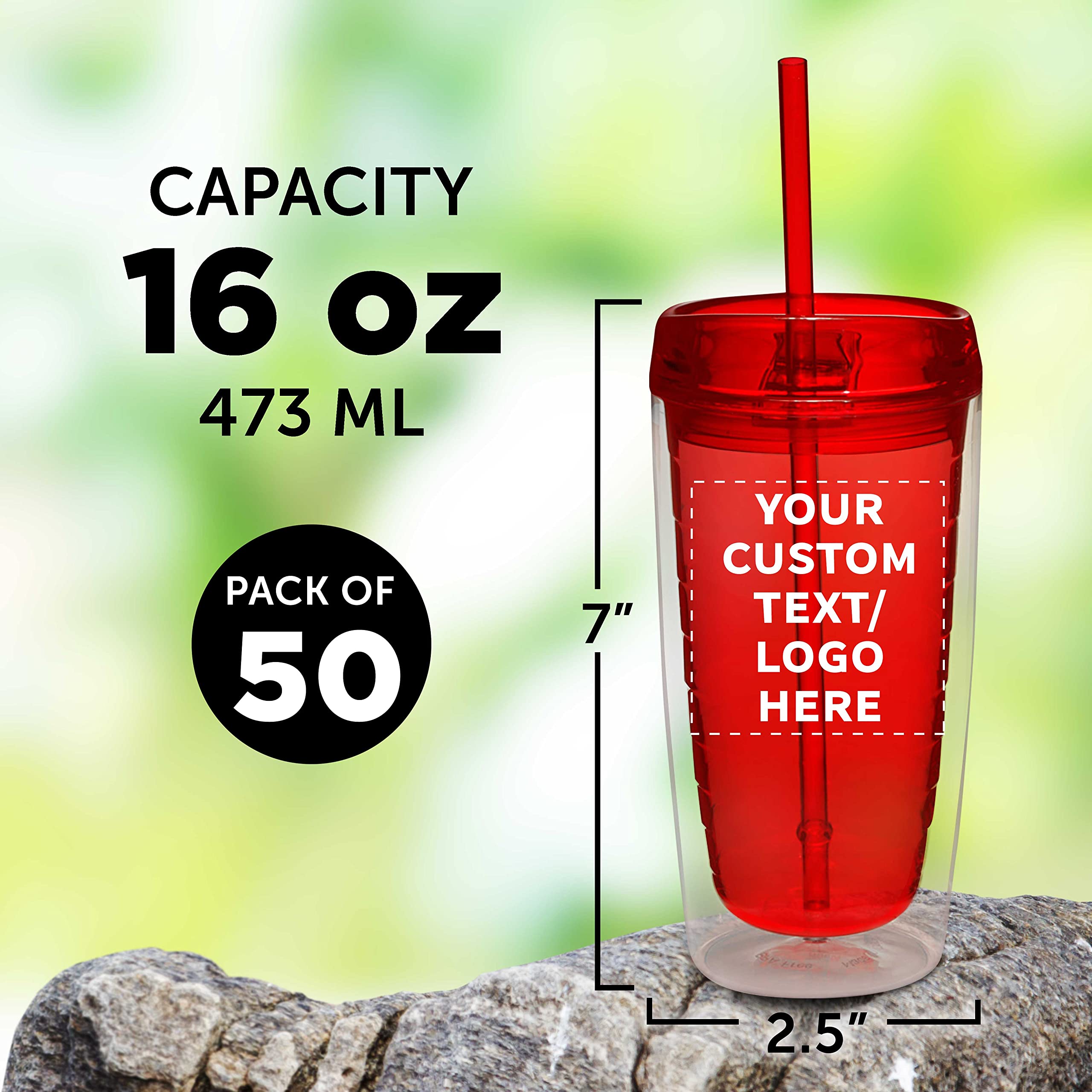 Custom 16 oz Double Wall Acrylic Tumblers - Bulk Set of 50 BPA-Free Personalized Drinkware Cups - Ideal for Iced Coffee, Soda, Hot & Cold Beverages - Red - Perfect for Restaurants, Cafes, Parties & Corporate Events