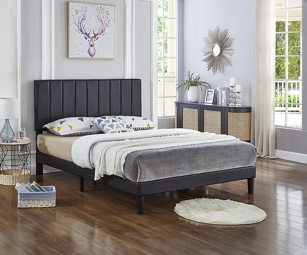 Luxury Black PU Upholstered Bed Frame with Vertical Tufting - Modern Platform Bed for Master Bedroom & Guest Room Decor