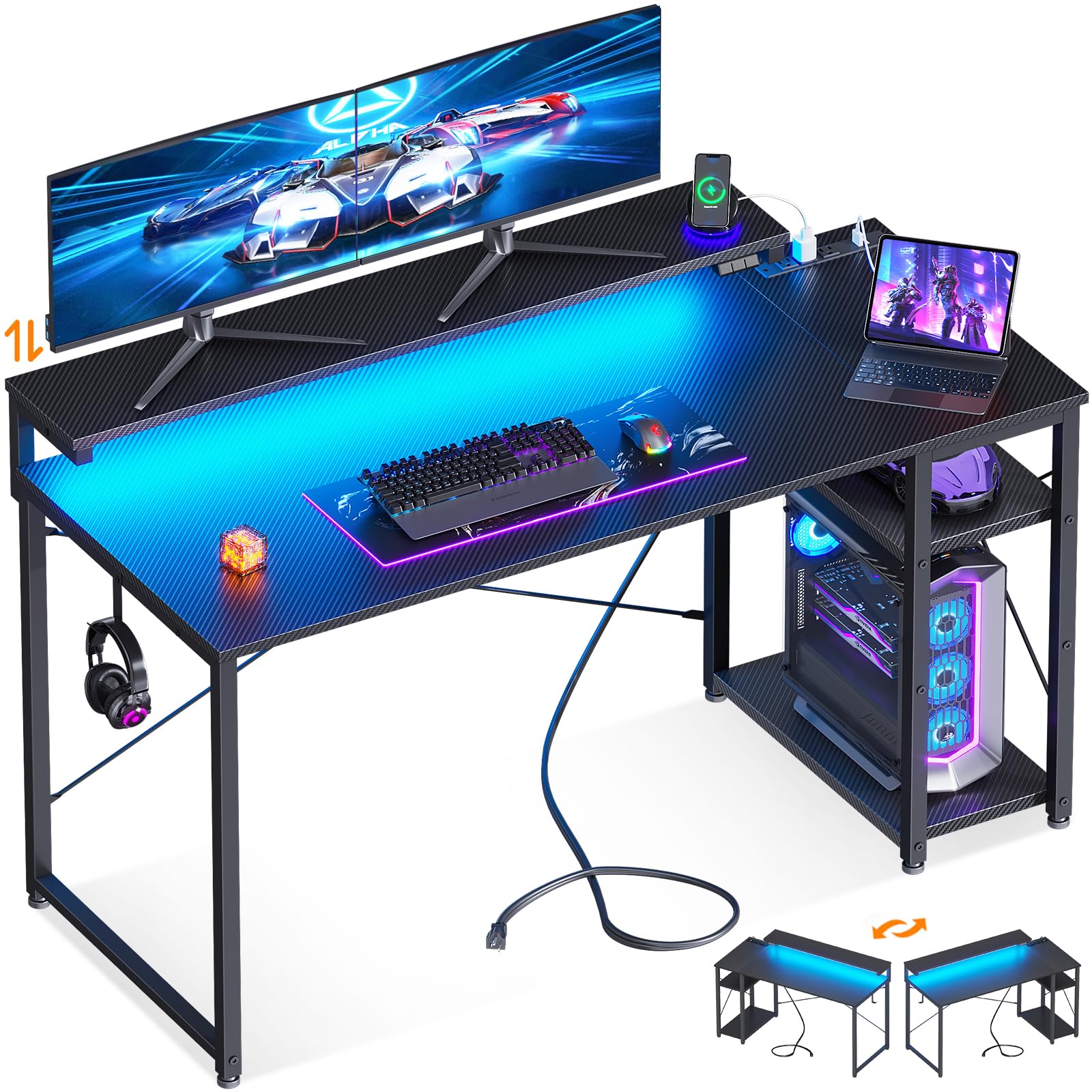 MOTPK 47 Inch Gaming Desk with LED Lights & Power Outlet - Carbon Fiber Computer Desk with Shelves, Adjustable Monitor Stand & Headphone Hook - Perfect for PC Gaming Setup, Home Office & Streaming Station (Black)