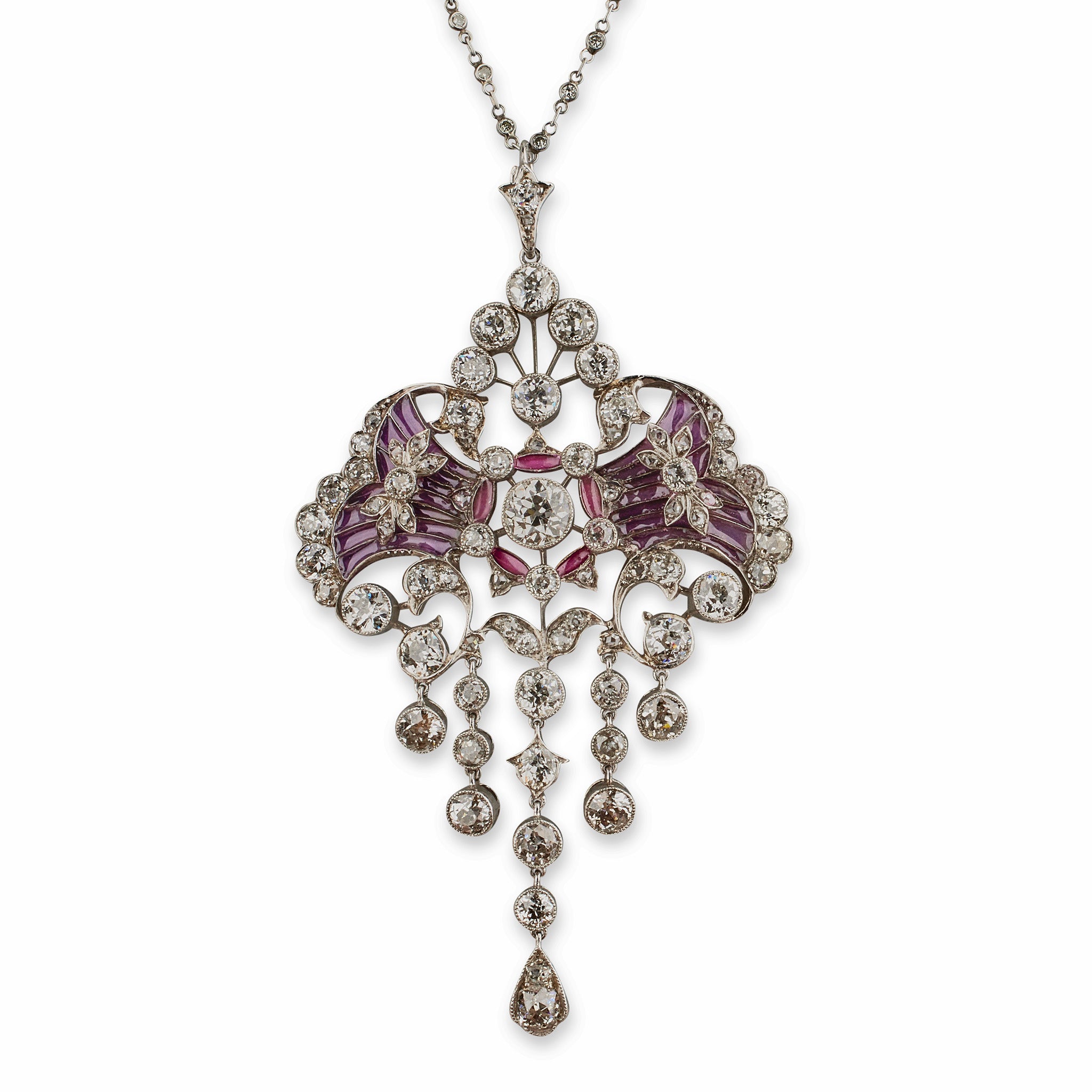 Exquisite Edwardian Diamond & Plique à Jour Enamel Pendant Necklace - Vintage Jewelry for Weddings, Anniversaries & Special Occasions