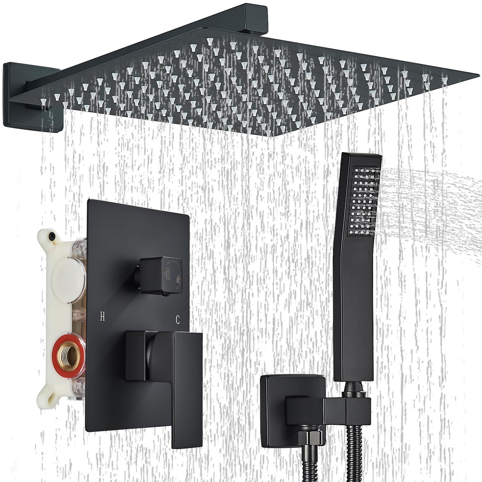 Matte Black Shower Faucet System - 12 Inch Rain Shower Head with Handheld Sprayer | Luxury Wall Mounted Bathroom Shower Set for Modern Home Spa Experience