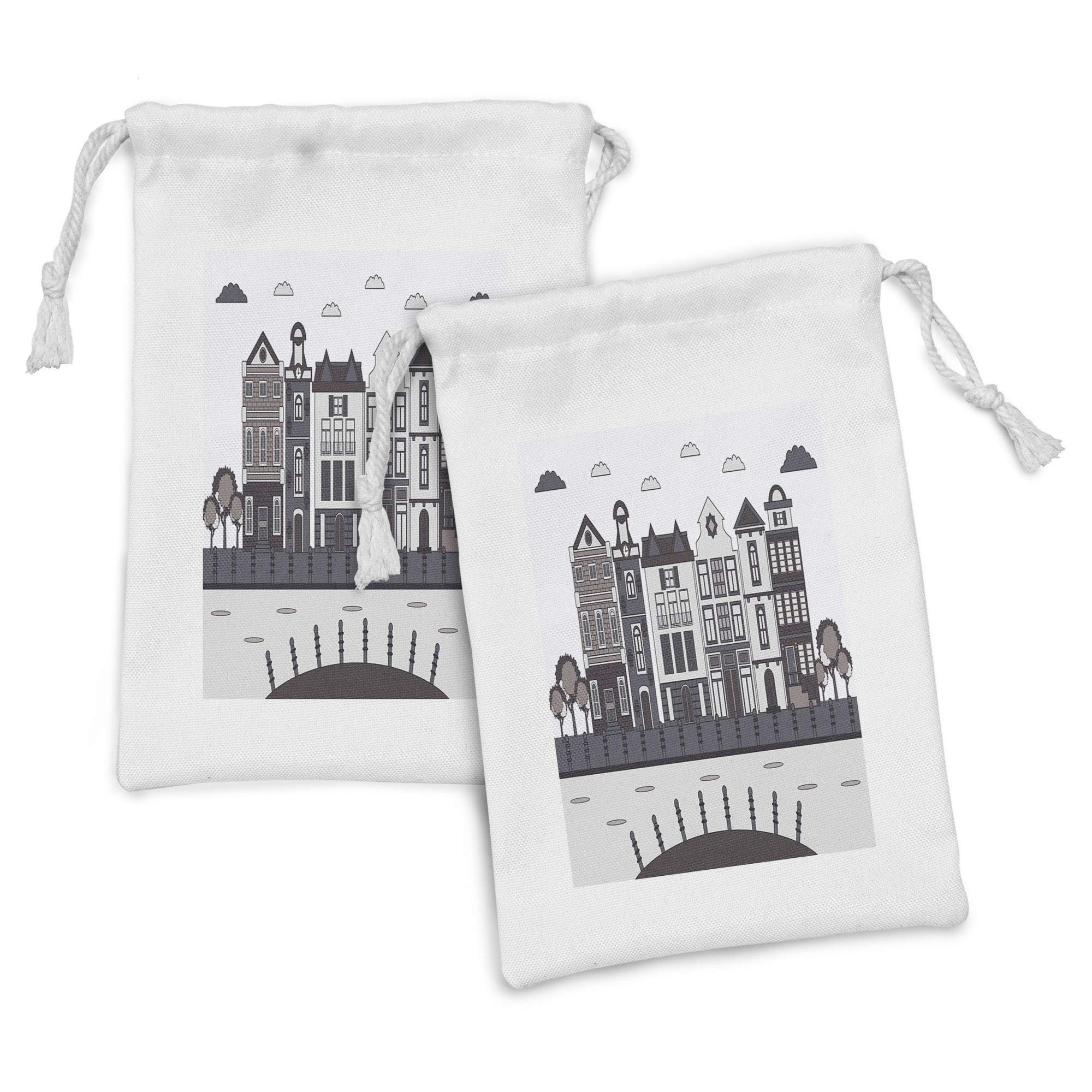 Ambesonne Amsterdam Fabric Pouch Set of 2 - Geometric City View Design Small Drawstring Bags for Toiletries, Masks, Jewelry & Travel Essentials (9