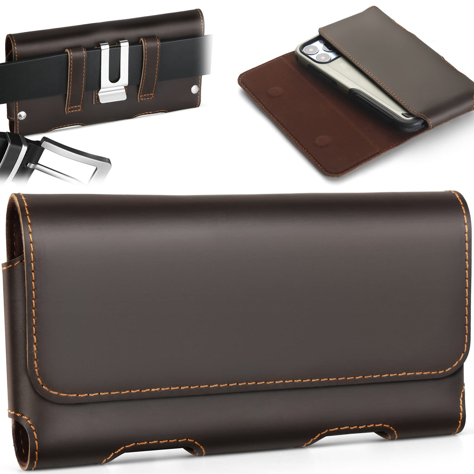 Premium Genuine Leather Phone Holster for iPhone 15 Pro Max/14 Pro Max & Galaxy S23 Ultra/S22 Ultra - Belt Clip Pouch Case (Fits with Thin Cases) - Ideal for Work, Travel, and Outdoor Activities