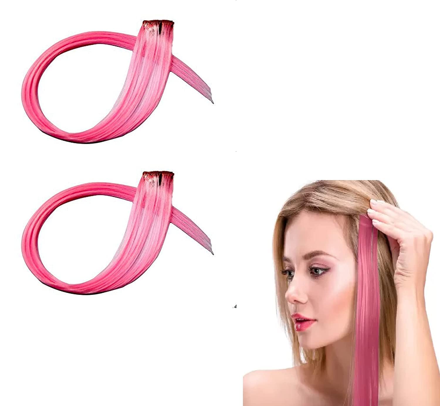 Raaya Set of 2 Pcs Clip-in Hair Extensions for Women & Girls - Pink Colored Synthetic Hair Extensions for Volume & Length - Perfect for Parties, Weddings & Daily Styling