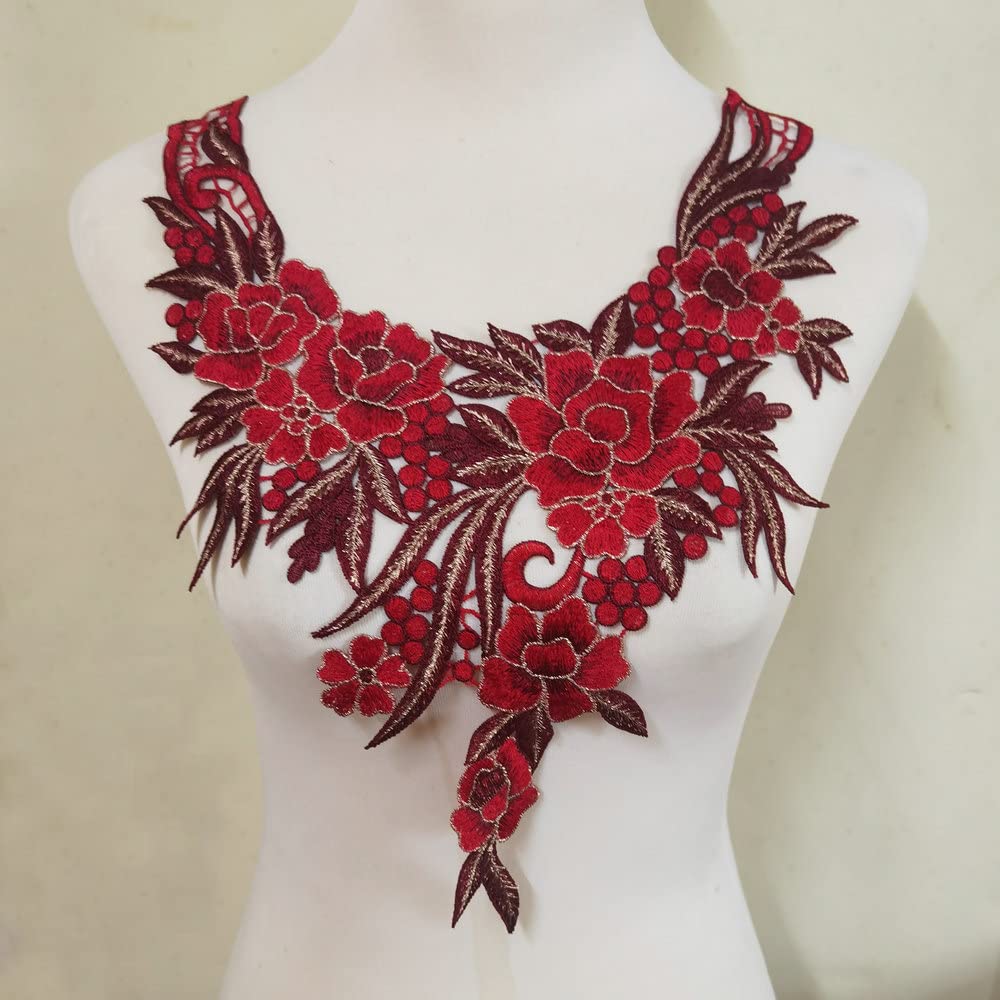 1pc Red Embroidered Lace Neckline Collar Patch - Elegant Detachable Fashion Accessory for Dresses, Blouses & Costumes - Perfect for Weddings, Parties and Vintage Style Outfits