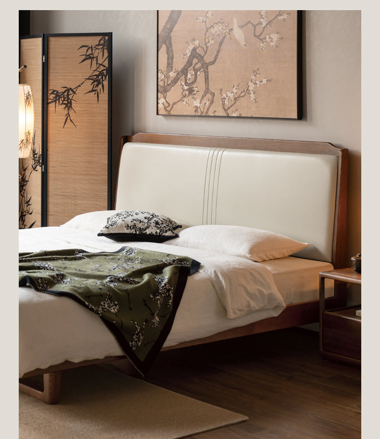 Solid Oak Wood Leather Upholstered Soft Bed - Queen Size Bed Frame with Tufted Headboard for Bedroom, Guest Room & Master Suite