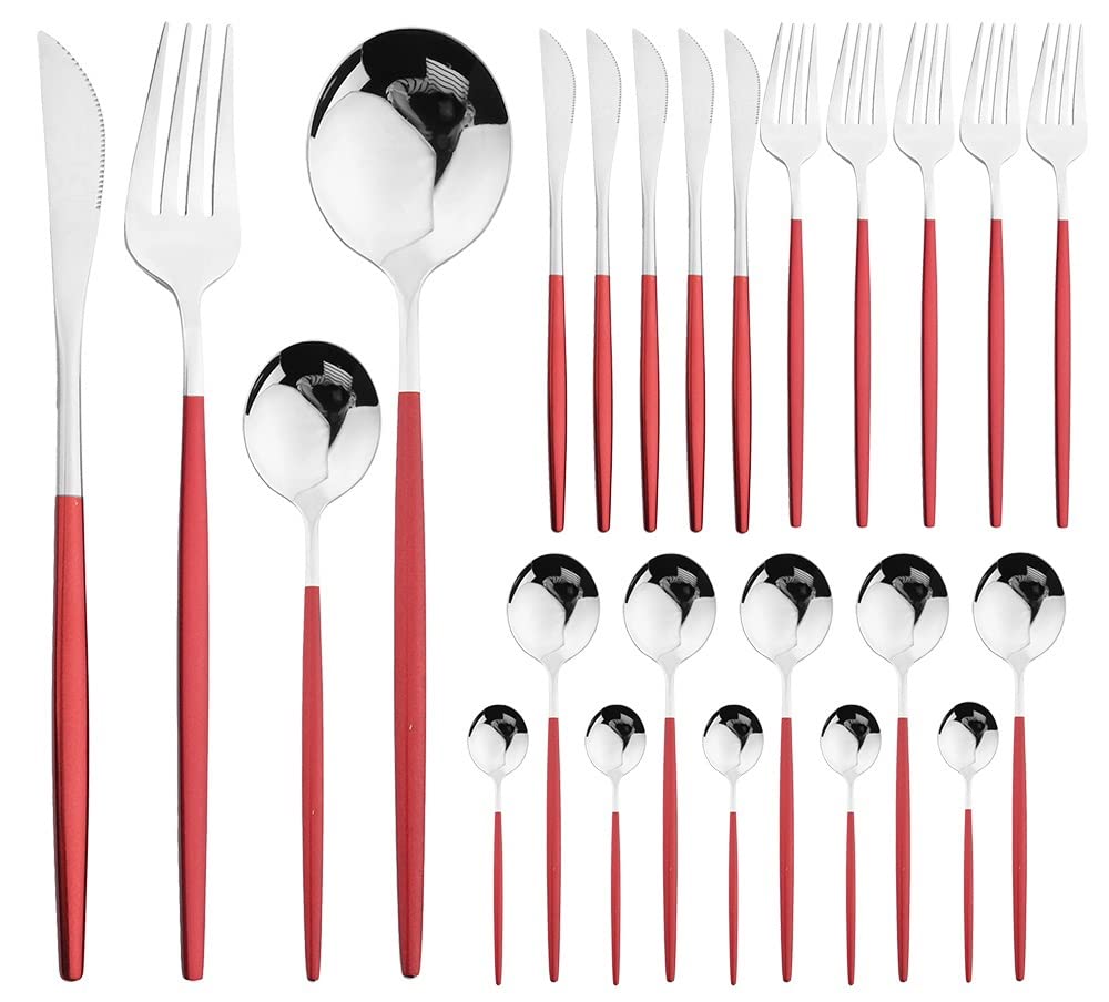 24-Piece Stainless Steel Silverware Flatware Set - Knife, Fork & Spoon Cutlery for Dining, Kitchen, Wedding & Special Occasions (Red/Silver) - Elegant Dinnerware for Restaurants, Parties & Home Use