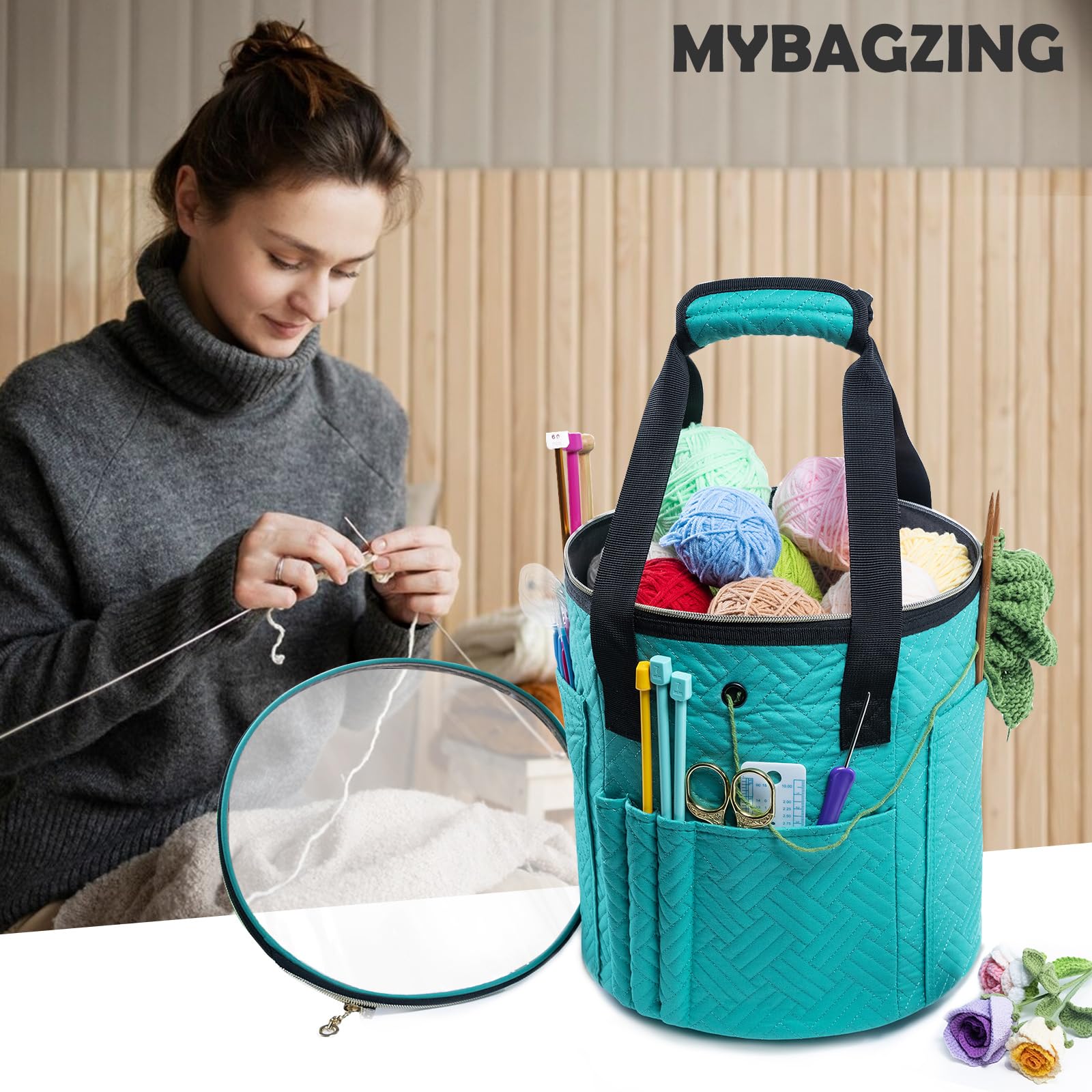 Yarn Storage Bag with Transparent Lid - Organize Crochet & Knitting Supplies, Perfect for Beginners - Portable Yarn Holder with Pockets for Hooks & Accessories | Ideal for Home, Travel & Crafting Projects
