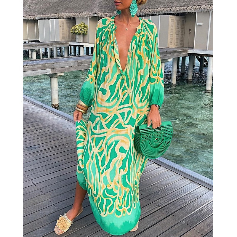Lovevop Black Friday Sale - Sexy Casual Long Sleeve Maxi Dress for Women, Abstract Print Lantern Sleeve Shirt Dress with Round Neck - Perfect for Date Night, Party or Office Wear