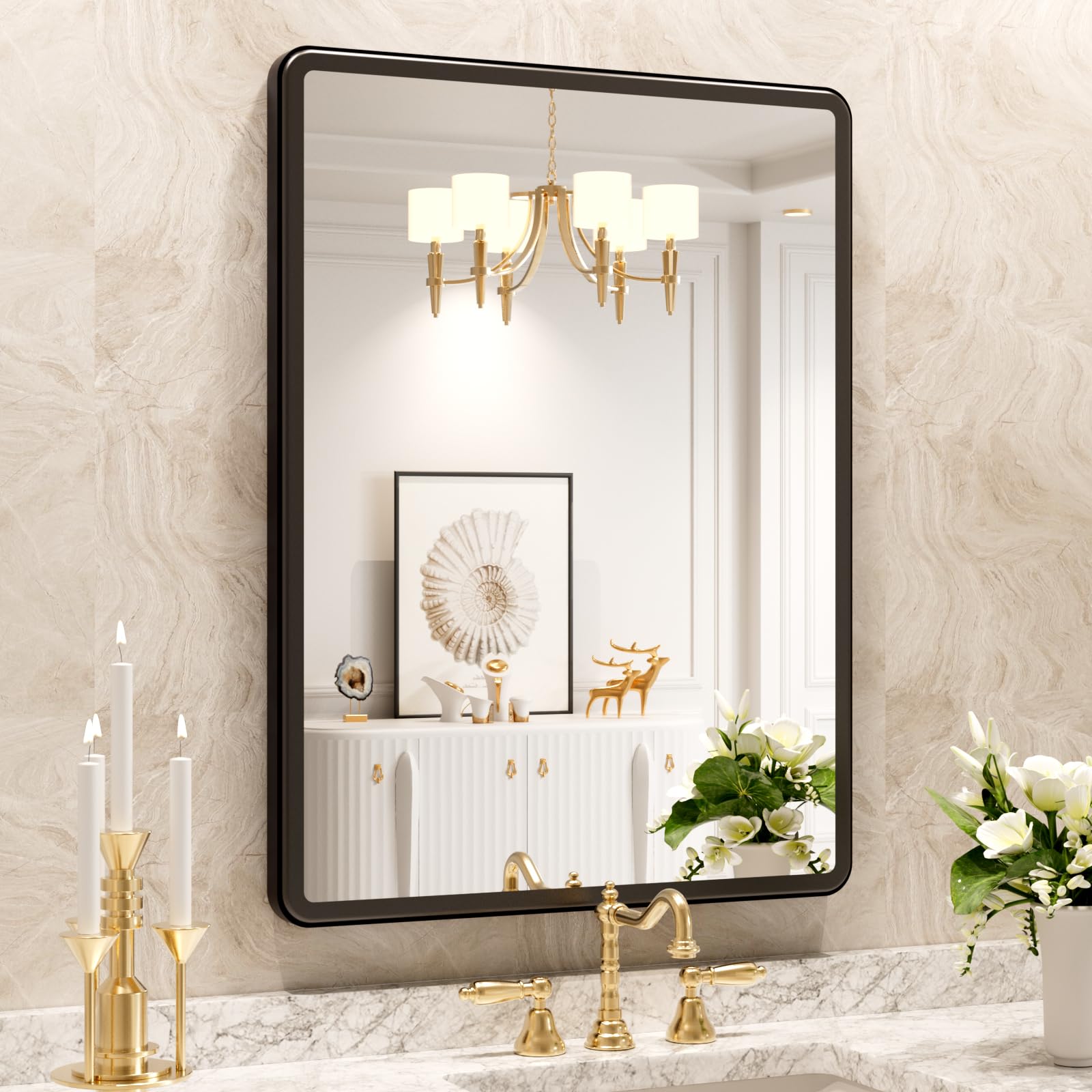 22X30 Inch Black Metal Frame Wall Mounted Bathroom Mirror - Rounded Rectangle Vanity Mirror with Tempered Glass for Bathroom, Bedroom & Living Room - Perfect for Modern Home Decor and Daily Grooming