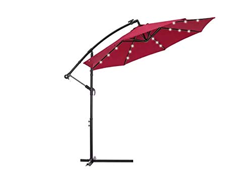 10ft Solar LED Offset Hanging Patio Umbrella with Easy Tilt Adjustment - Wine Red Outdoor Canopy for Garden, Poolside & Backyard Relaxation