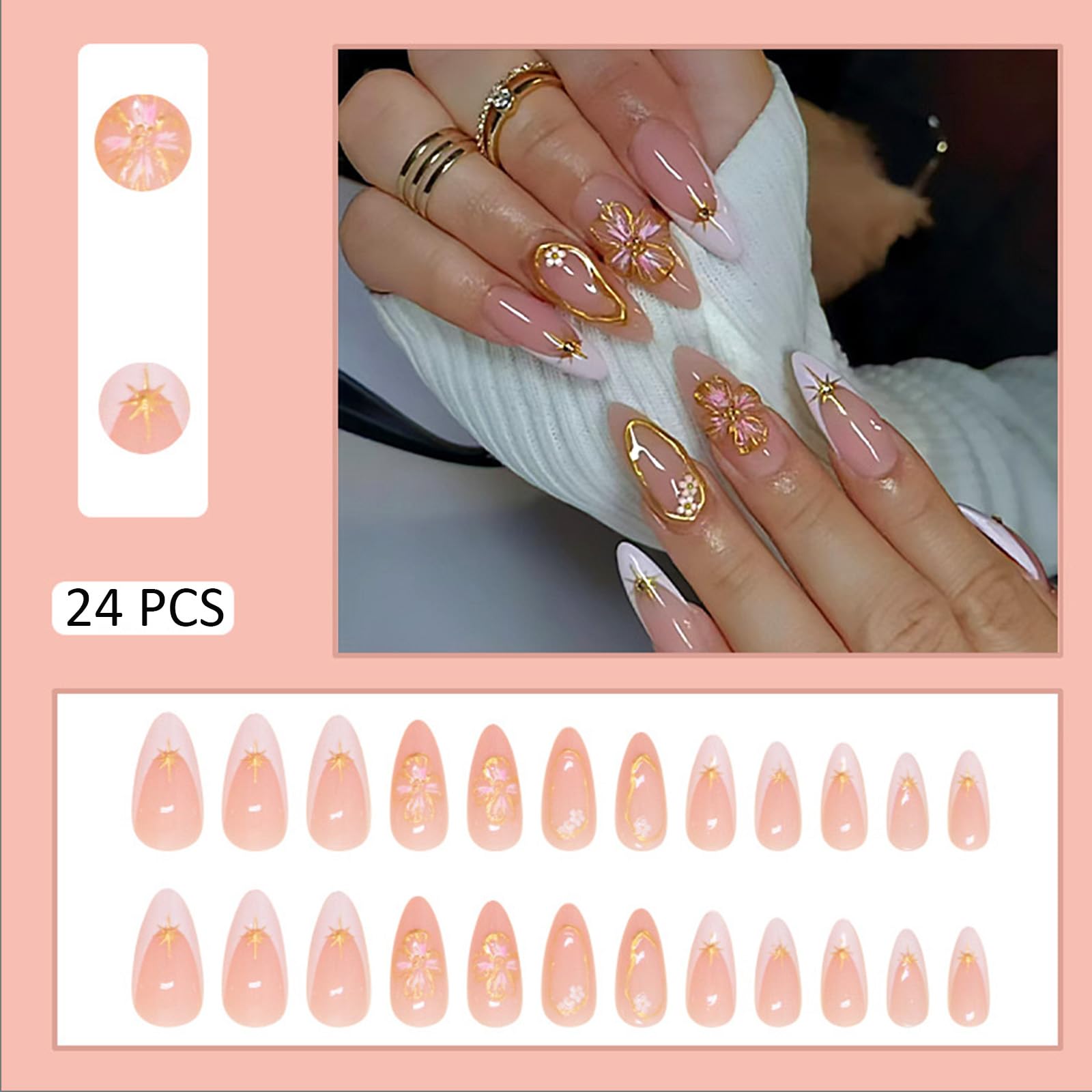 French Tip Press on Nails with Embossed Flower Designs - 24Pcs Almond Medium Fake Nails, White French False Nails, Reusable Stick on Nails, Glossy Gel Acrylic Nail Kit for Women - Perfect for Parties, Weddings, Date Nights & Special Occasions