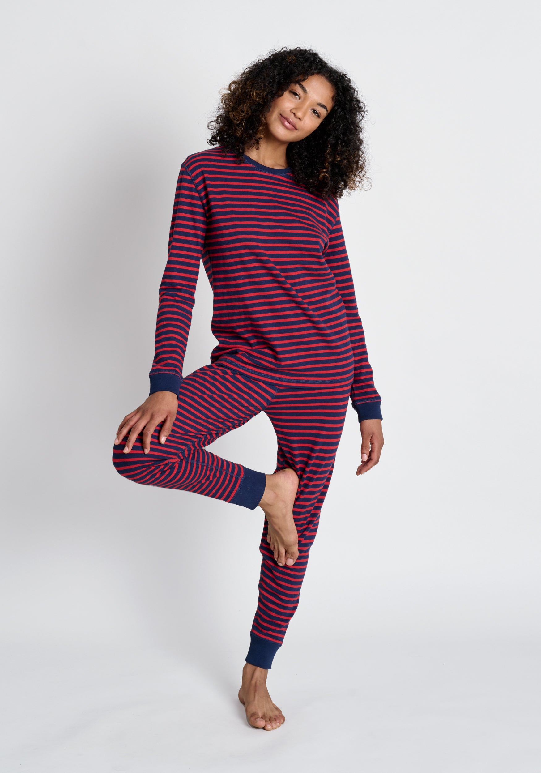 Stylish Helen Navy & Red Stripe Slub Jersey Lounge Set - Soft Comfortable Outfit for Women, Perfect for Home Relaxation, Yoga & Casual Wear