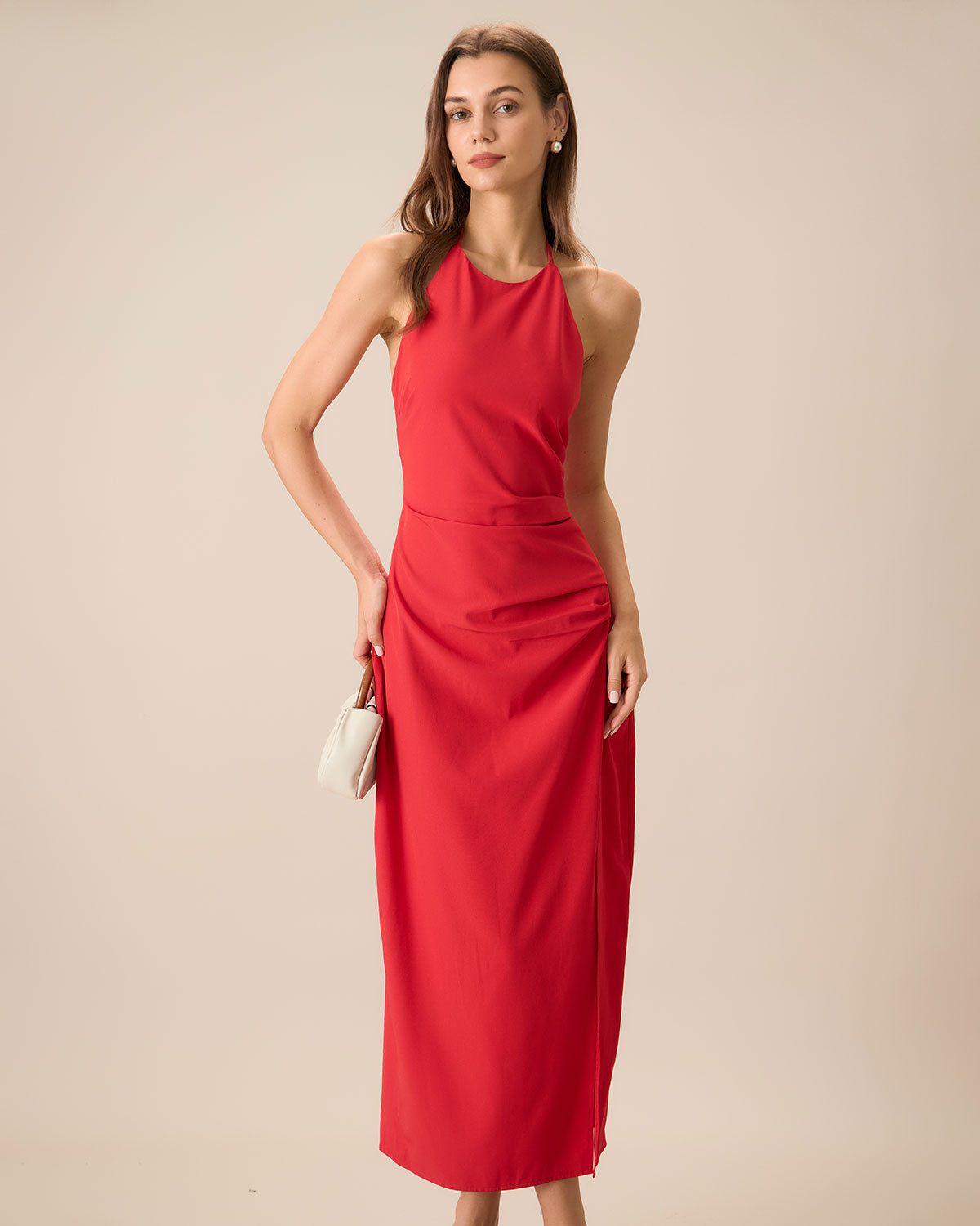 Women's Red Shirred Halter Maxi Dress - Flowy Summer Beach Dress for Vacation, Party & Date Night