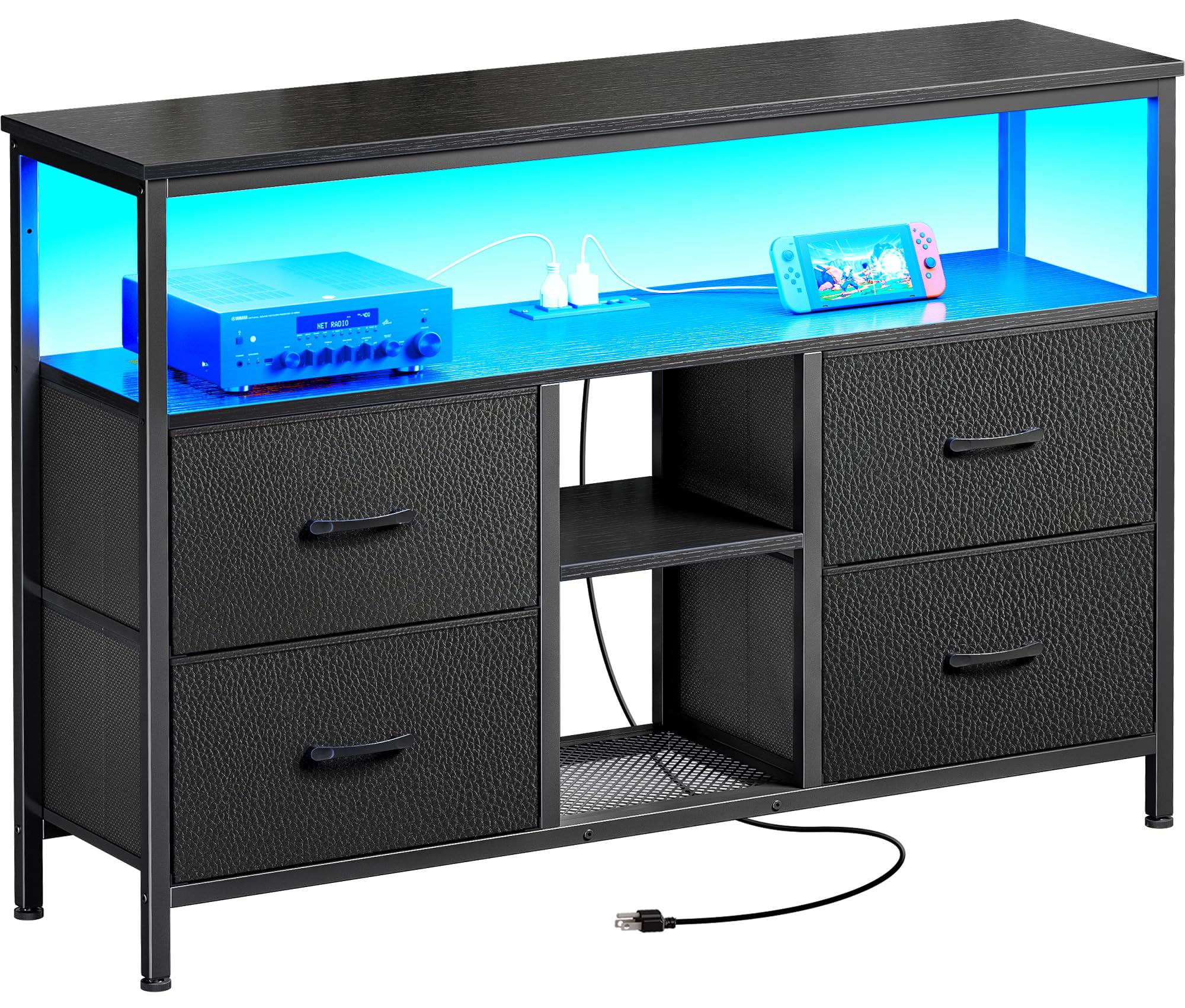 Huuger 50 Inch TV Stand with Power Outlets & LED Lights - 4-Drawer Media Console with Open Shelf, PU Finish Entertainment Center for 43-50