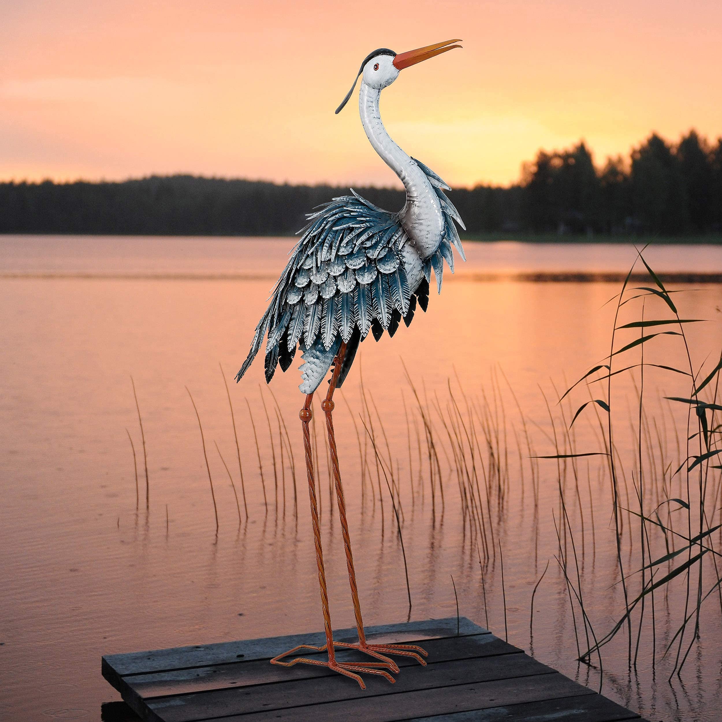 Large Metal Blue Heron Statues for Outdoor & Indoor Decor - Set of 2 (37-40.7