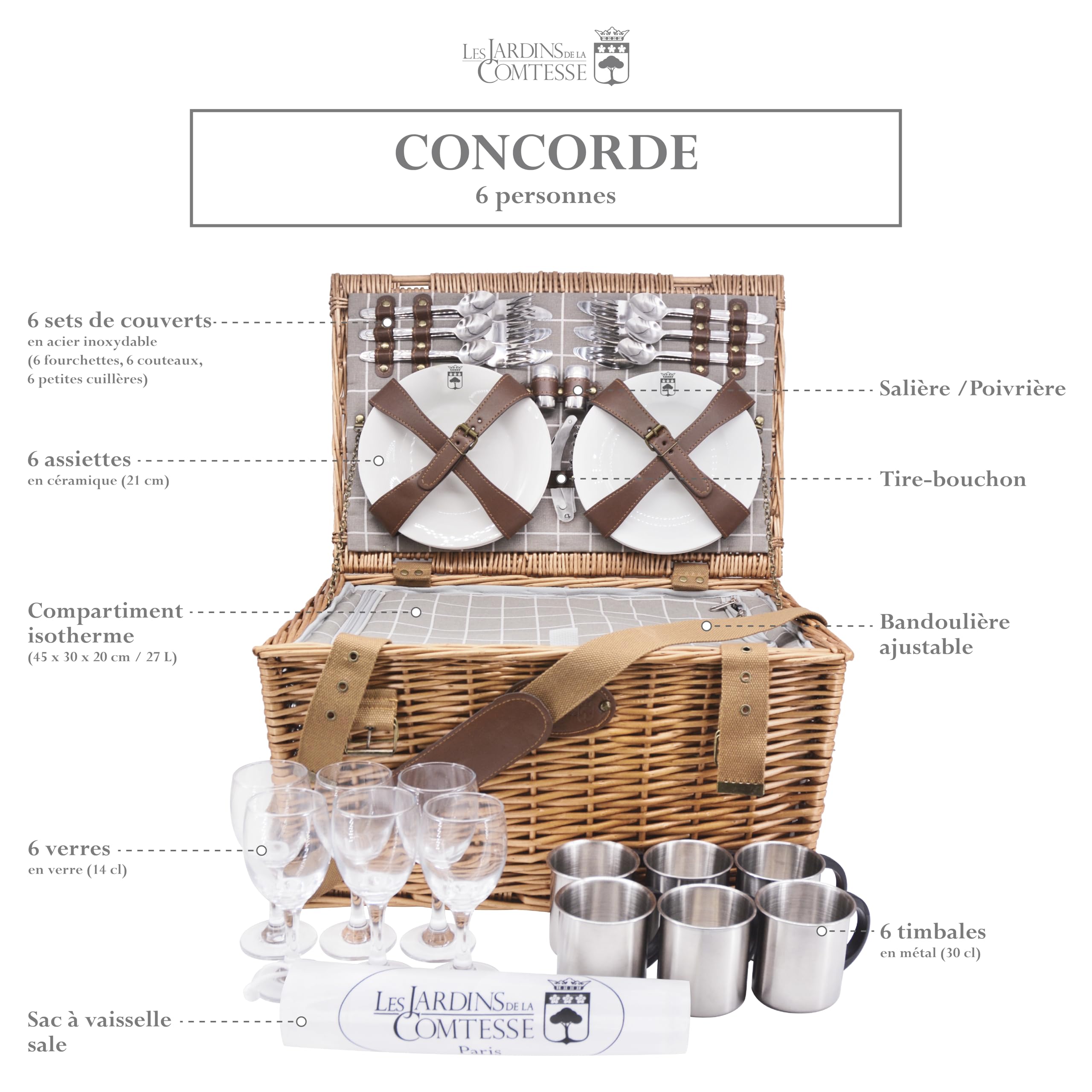 Les Jardins de la Comtesse - Concorde Wicker Picnic Basket Set for 6 People with Thermal Cooler, Plates, Wine Glasses & Aluminum Cups - White & Gray Fabric - 50 x 35 x 26 cm - Perfect for Outdoor Picnics, Beach Trips and Camping Adventures