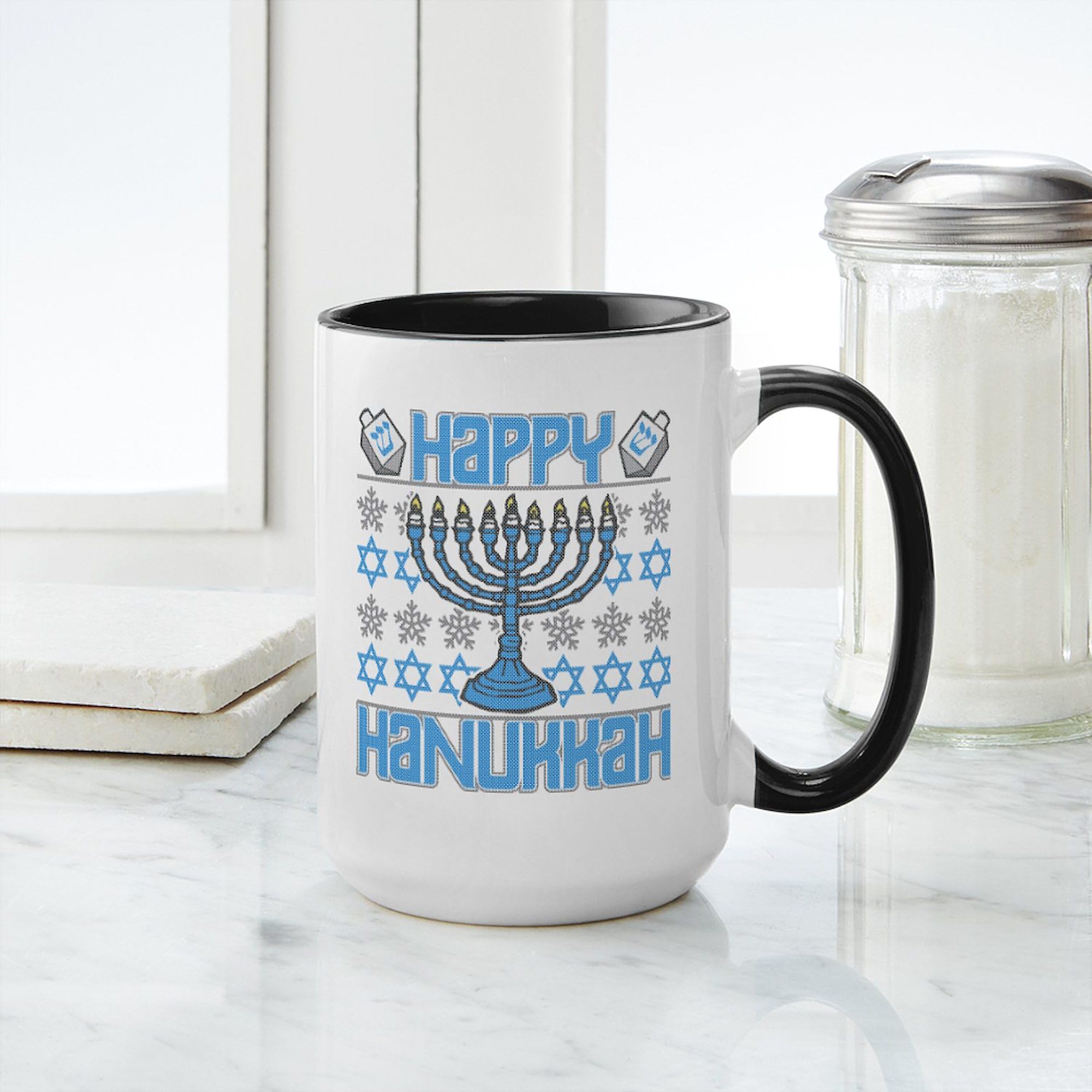 Happy Hanukkah 15 oz Ceramic Coffee Mug - 444 ml White Jewish Holiday Gift Mug for Men & Women - Perfect for Hot Cocoa, Tea or Latte at Home or Office
