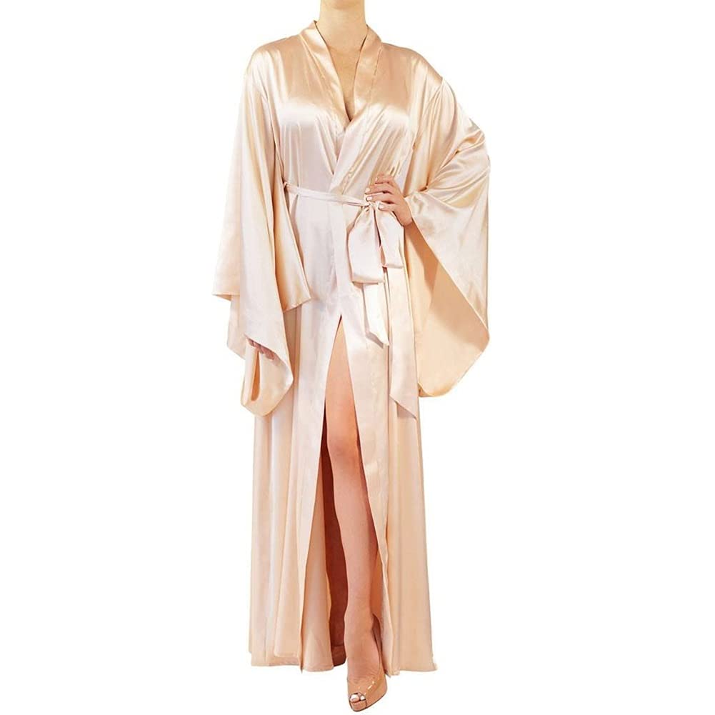 SKREOJF Women's Long Sleeve Silk Satin Nightgown - Soft Lace Trim Sleepwear & Bathrobe for Women, Ladies & Girls (Black/Red/Beige, XXL) - Perfect for Spring Nights, Relaxing at Home & Spa Days