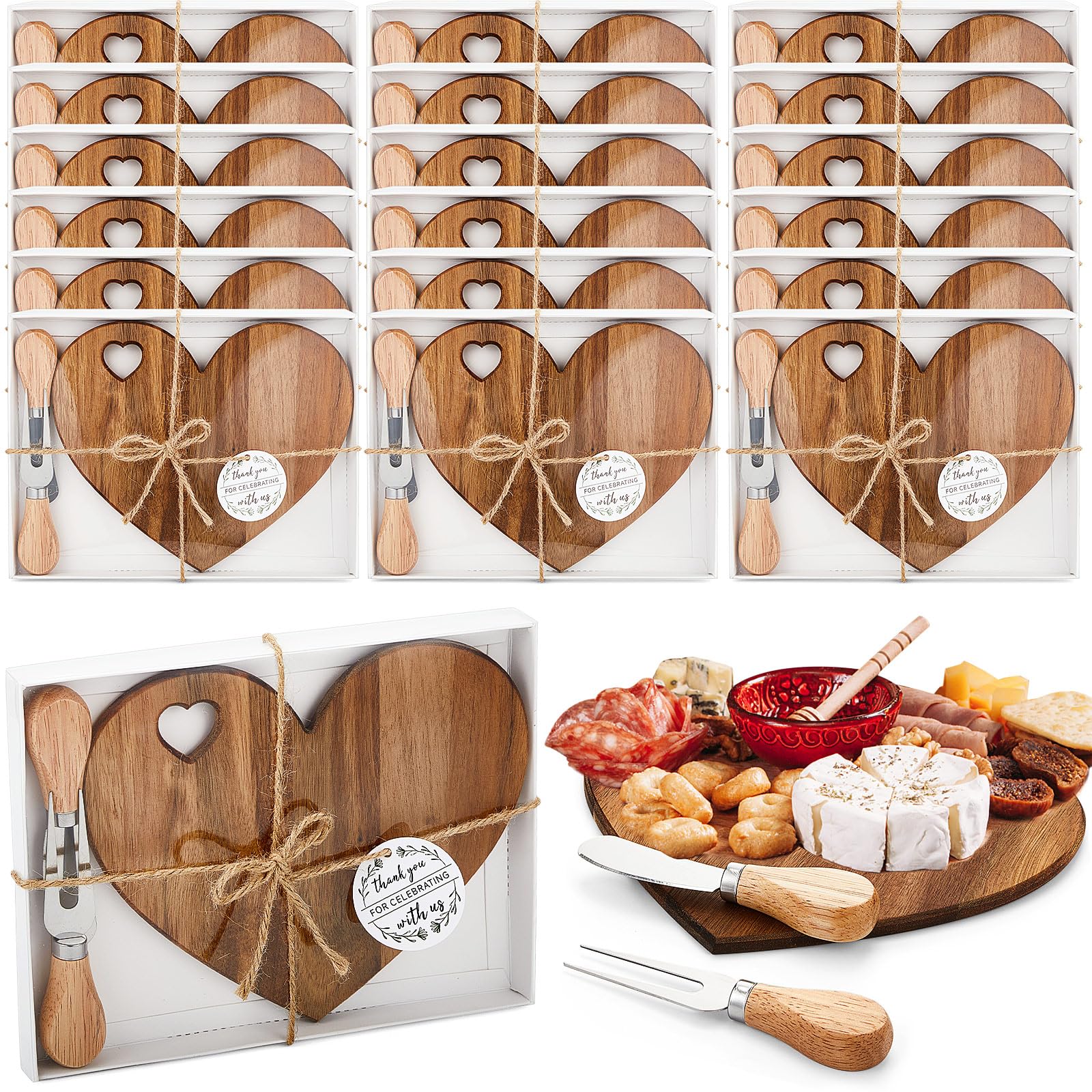 18-Piece Acacia Wood Heart Cheese Board Set with Knives - Mini Charcuterie Platter for Bridal Shower Favors, Wedding Guest Gifts, Baby Showers, Birthdays & Valentine's Day - Perfect for Cheese Tastings, Charcuterie Parties & Romantic Picnics