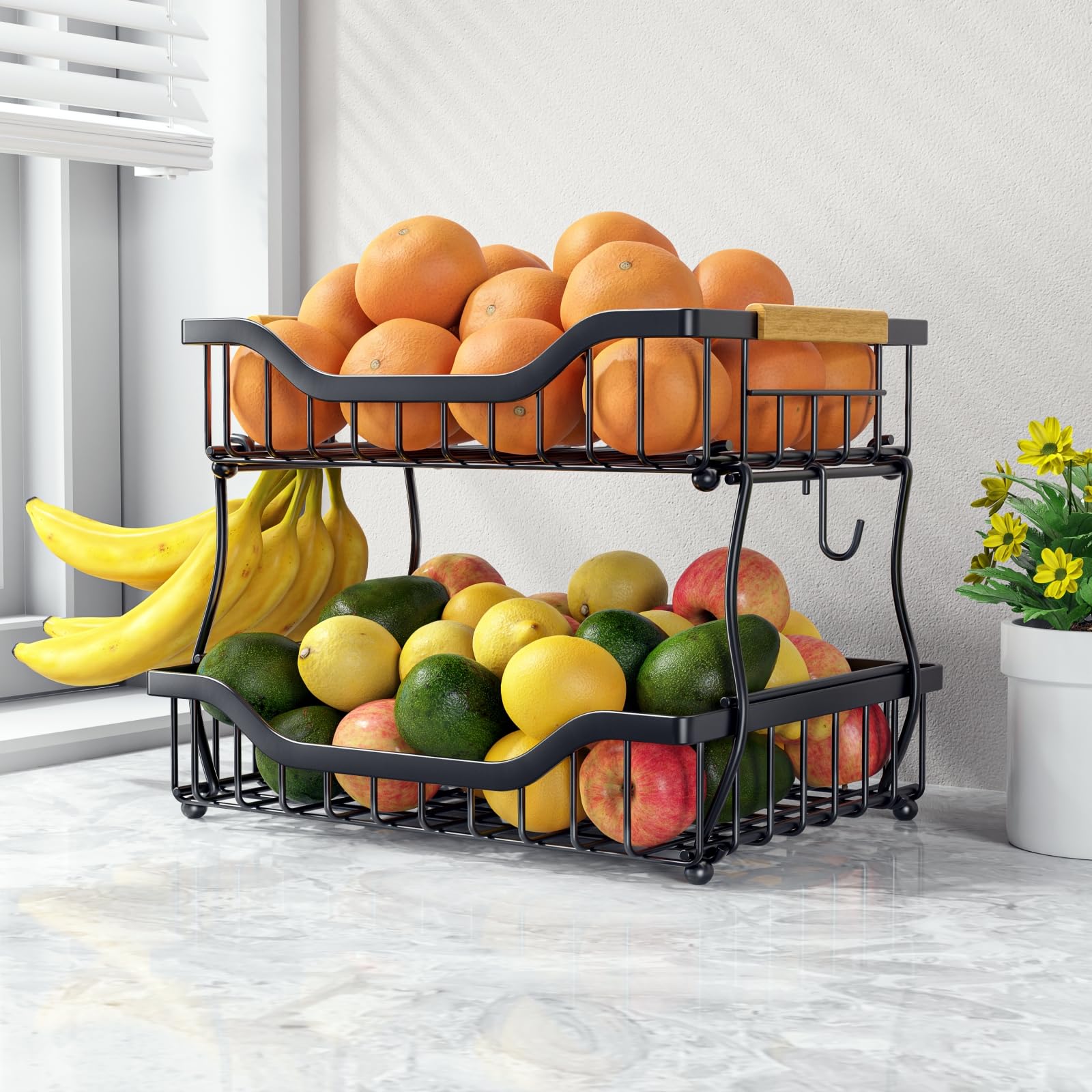 2-Tier Fruit Basket with Banana Hangers - Wall Mount & Countertop Kitchen Organizer for Fruits, Vegetables, Potatoes, Onions, Bread & Snacks | Space-Saving Storage Solution for Small Kitchens & Pantries