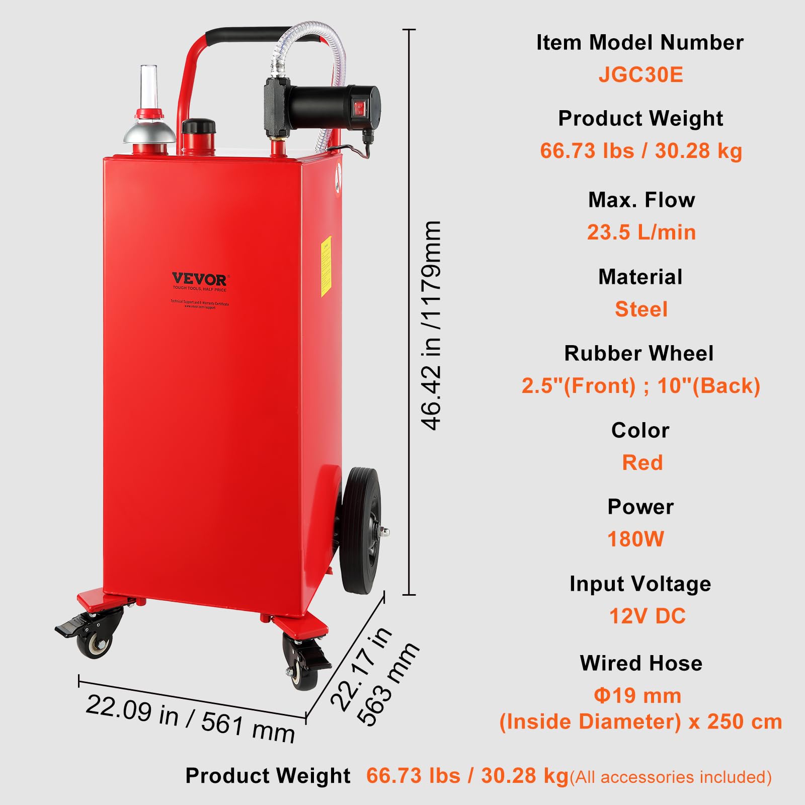 VEVOR 30 Gallon Portable Fuel Caddy with Electric Pump - 180W High Flow (23.5 L/min) Diesel Transfer Tank on Wheels - Ideal for Cars, Boats, Motorcycles & Emergency Fuel Storage