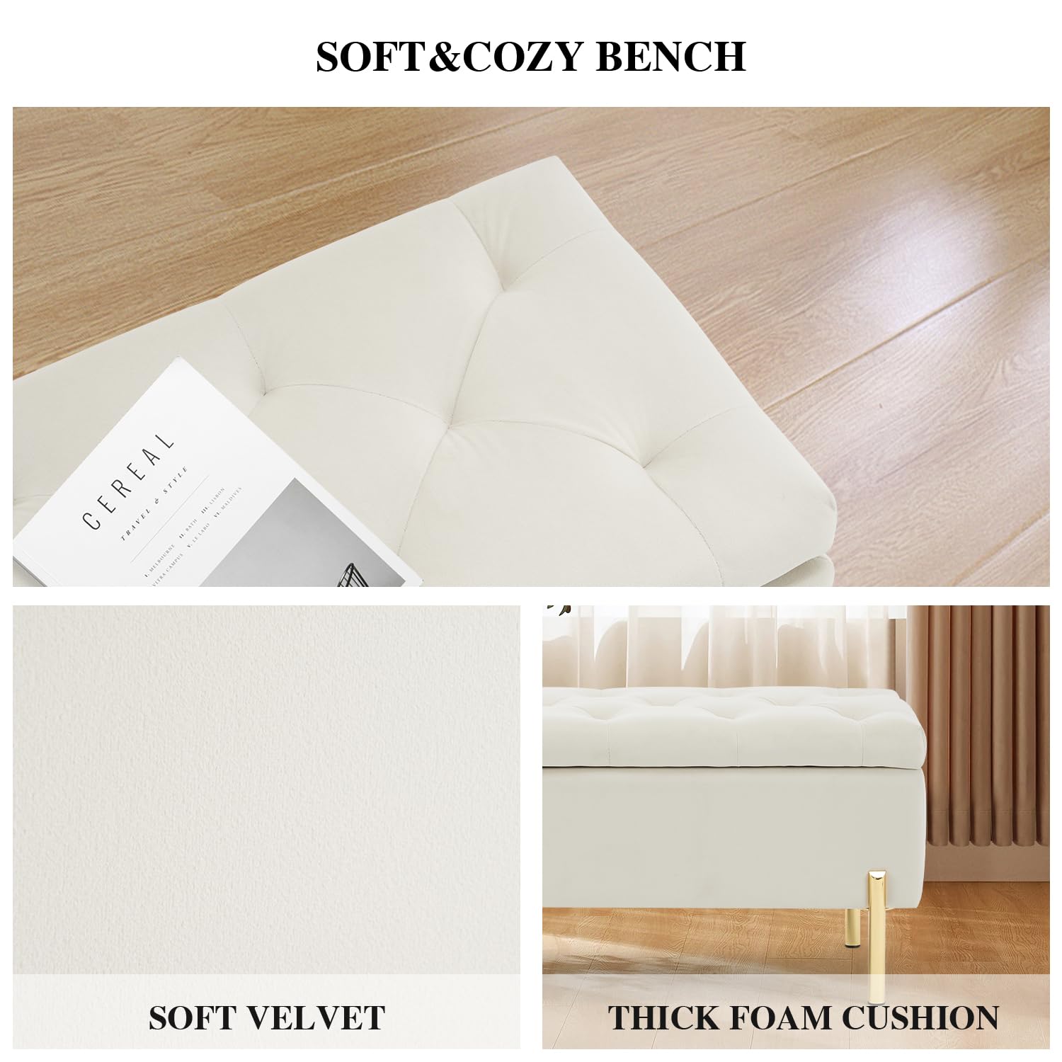 Velvet Storage Bench Ottoman with Hidden Compartment - Tufted Upholstered Seat for Bedroom, Living Room & Entryway - Versatile Multi-Functional Furniture (Ivory) | Perfect for Extra Seating, Bedroom Decor & Entryway Organization