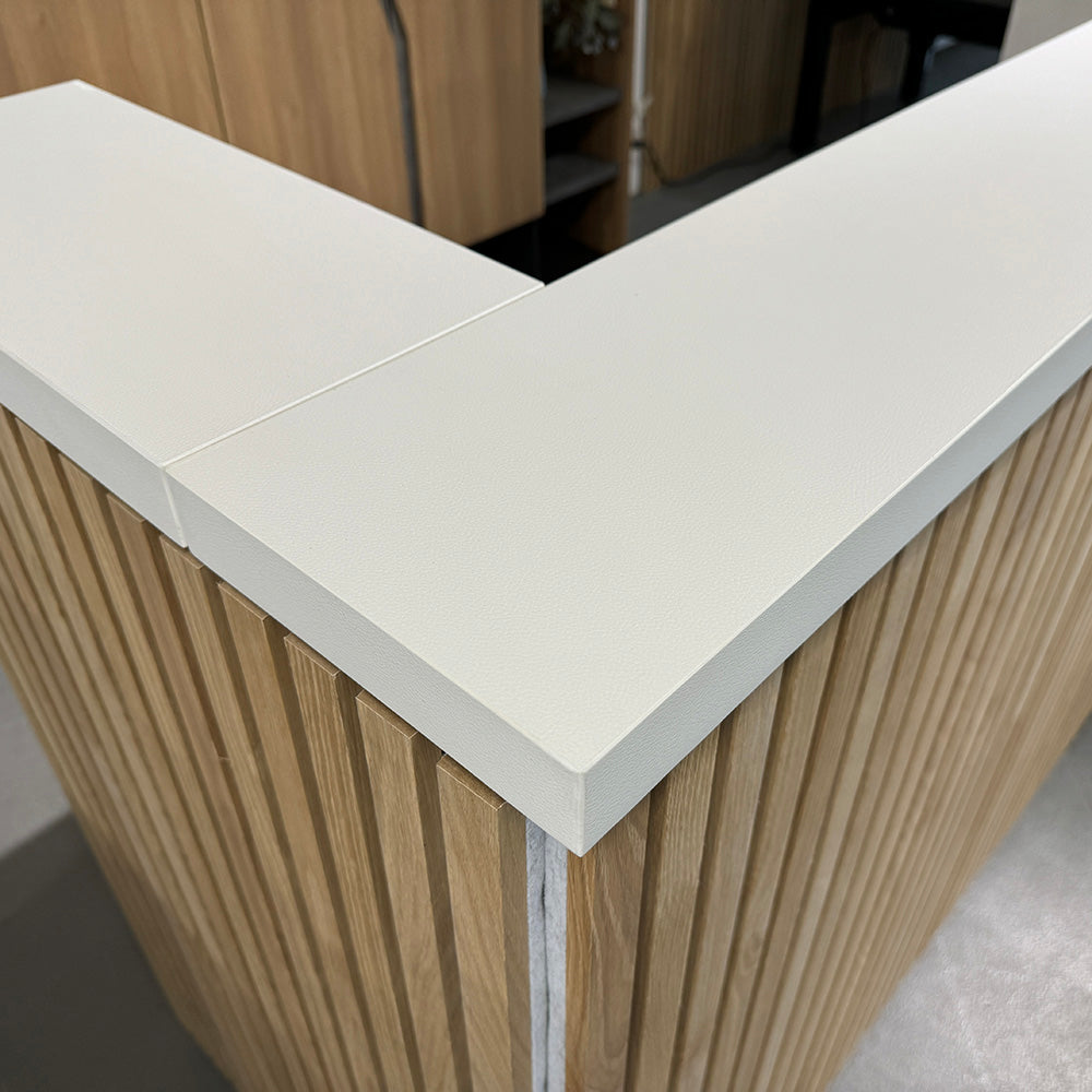KENTO 240cm Modern Reception Desk - Timber Slat Acoustic Panel Design in White & Oak Finish - Perfect for Office Lobby, Hotel Front Desk, and Corporate Waiting Areas