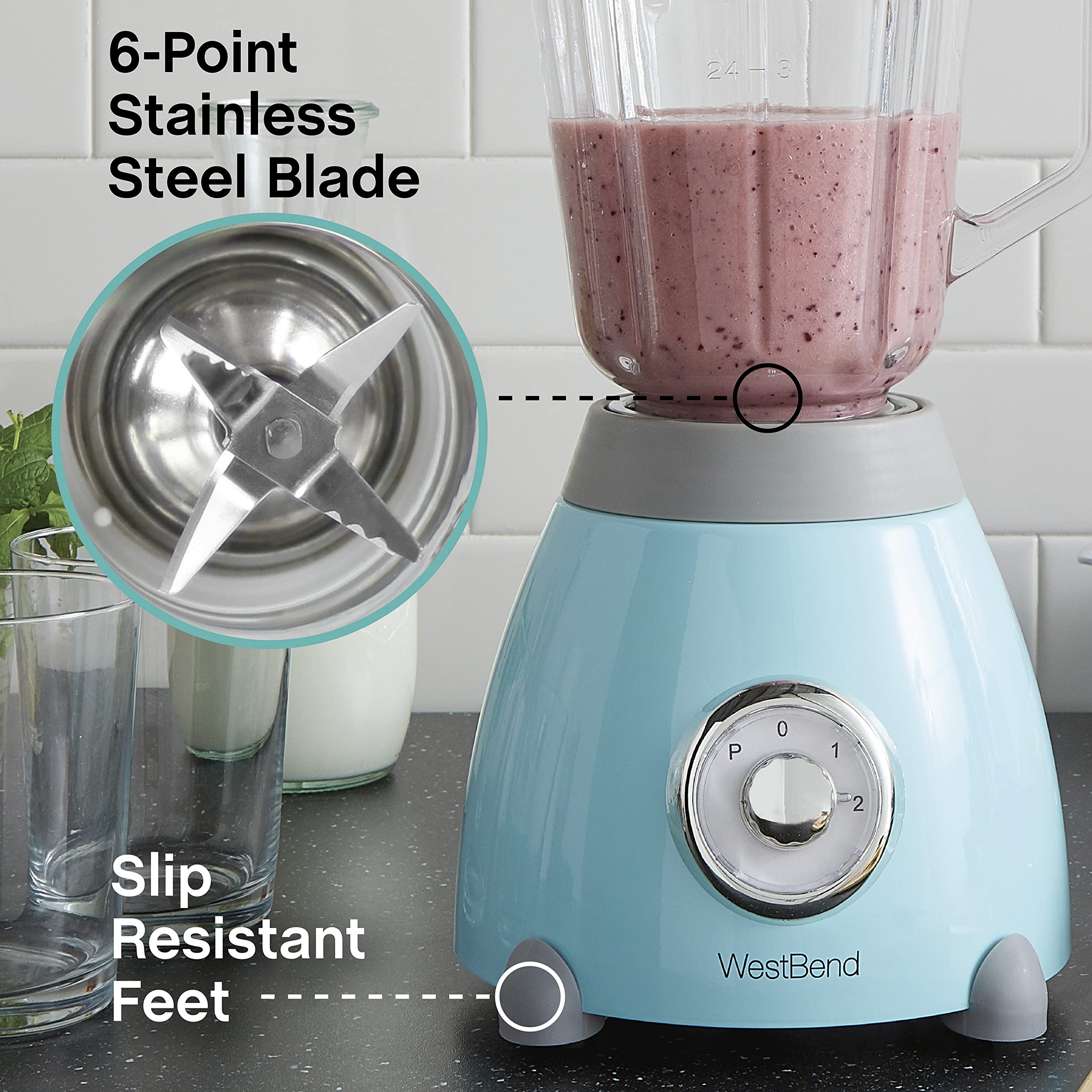 West Bend Retro-Style 500-Watt Blender with 48oz Glass Jar & Stainless Steel Blade - 3 Speed Settings for Smoothies, Shakes & Food Prep - Vintage Blue Countertop Blender for Kitchen, Bar & Healthy Lifestyle