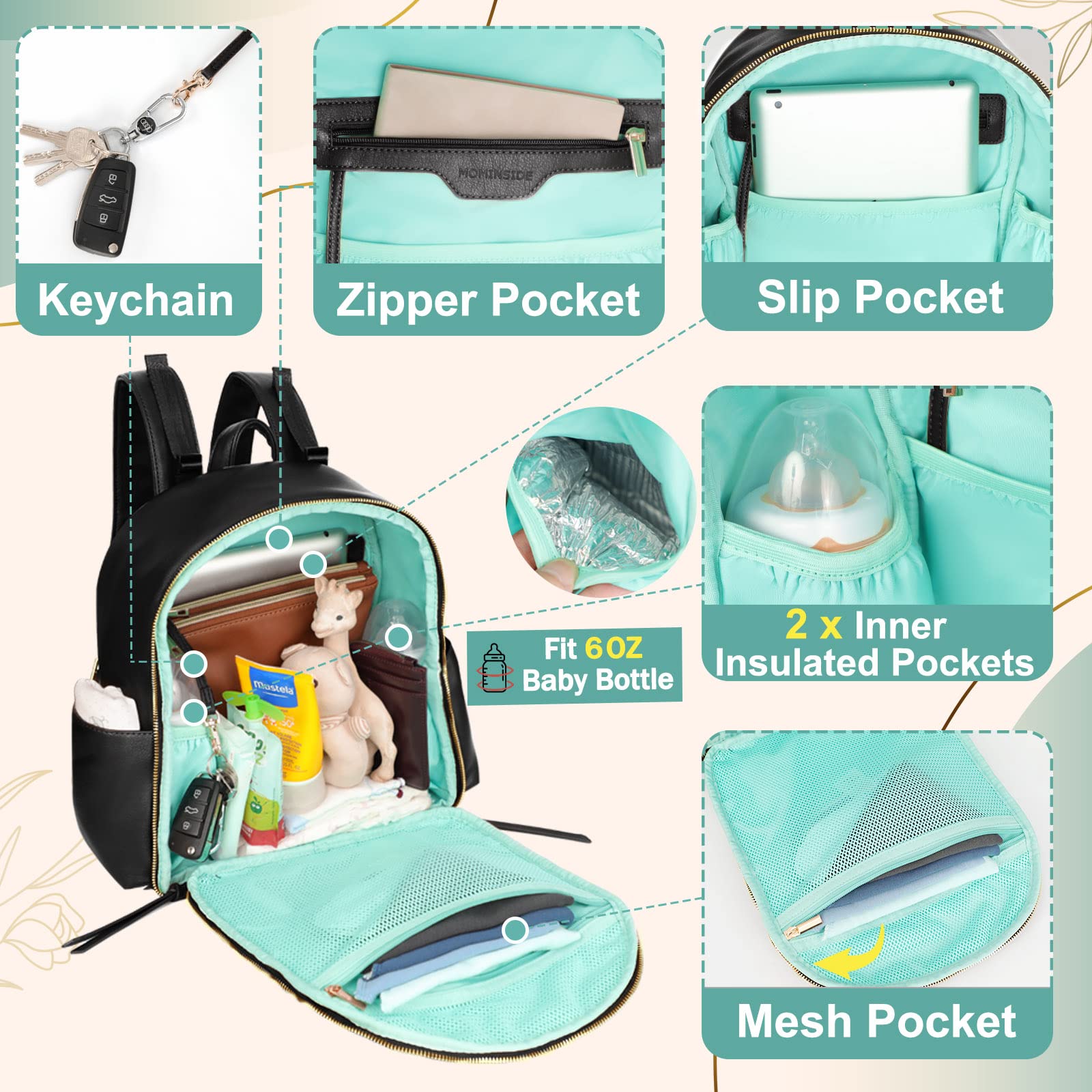 MOMINSIDE Small Diaper Bag Backpack - Mini Baby Diaper Bag with 2 Insulated Pockets & Stroller Straps | Perfect for Travel, Outings & Everyday Use | Compact Diaper Organizer for Moms on the Go