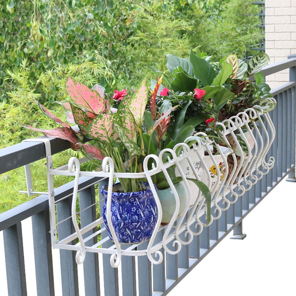 Hanging Balcony Railing Planter Box - White Metal Flower Stand with Hooks for Patio & Deck, 19.7x11.8x7.1 Inches - Perfect for Small Space Gardening & Outdoor Decor