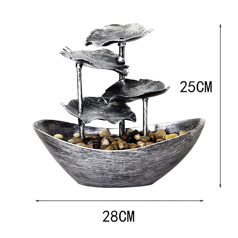 Indoor Tabletop Water Fountain with LED Lights - Lotus Leaf Design Resin Statue for Home, Office & Patio Decor | Relaxing Desktop Water Feature for Stress Relief & Feng Shui (Silver)