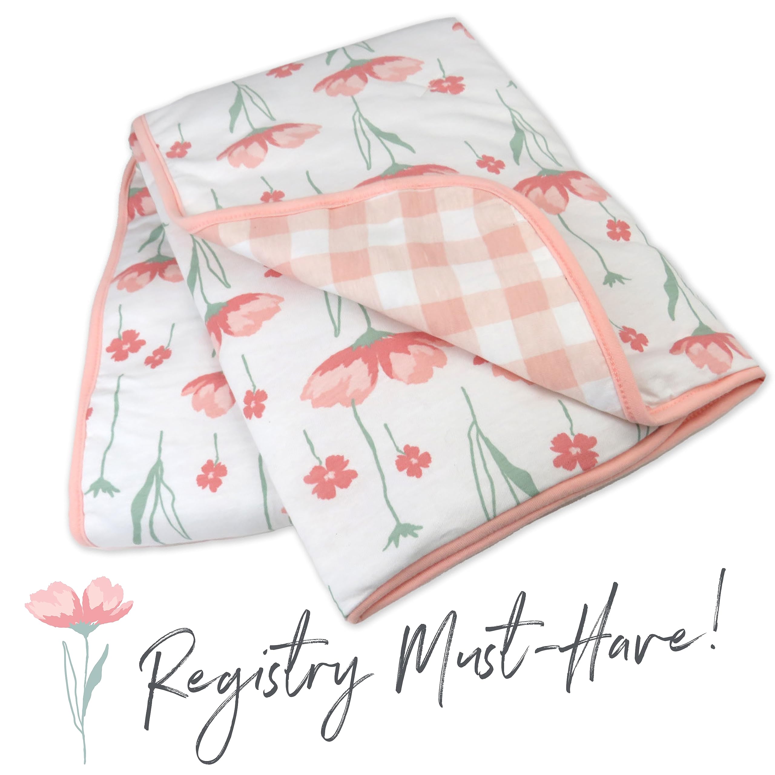 HonestBaby Quilted Baby Blankets - Reversible Organic Cotton Blanket for Infant Boys & Girls | Unisex Nursery Blanket | Soft Strawberry Pink Floral Design | Perfect for Crib, Stroller, Swaddle & Gift Giving
