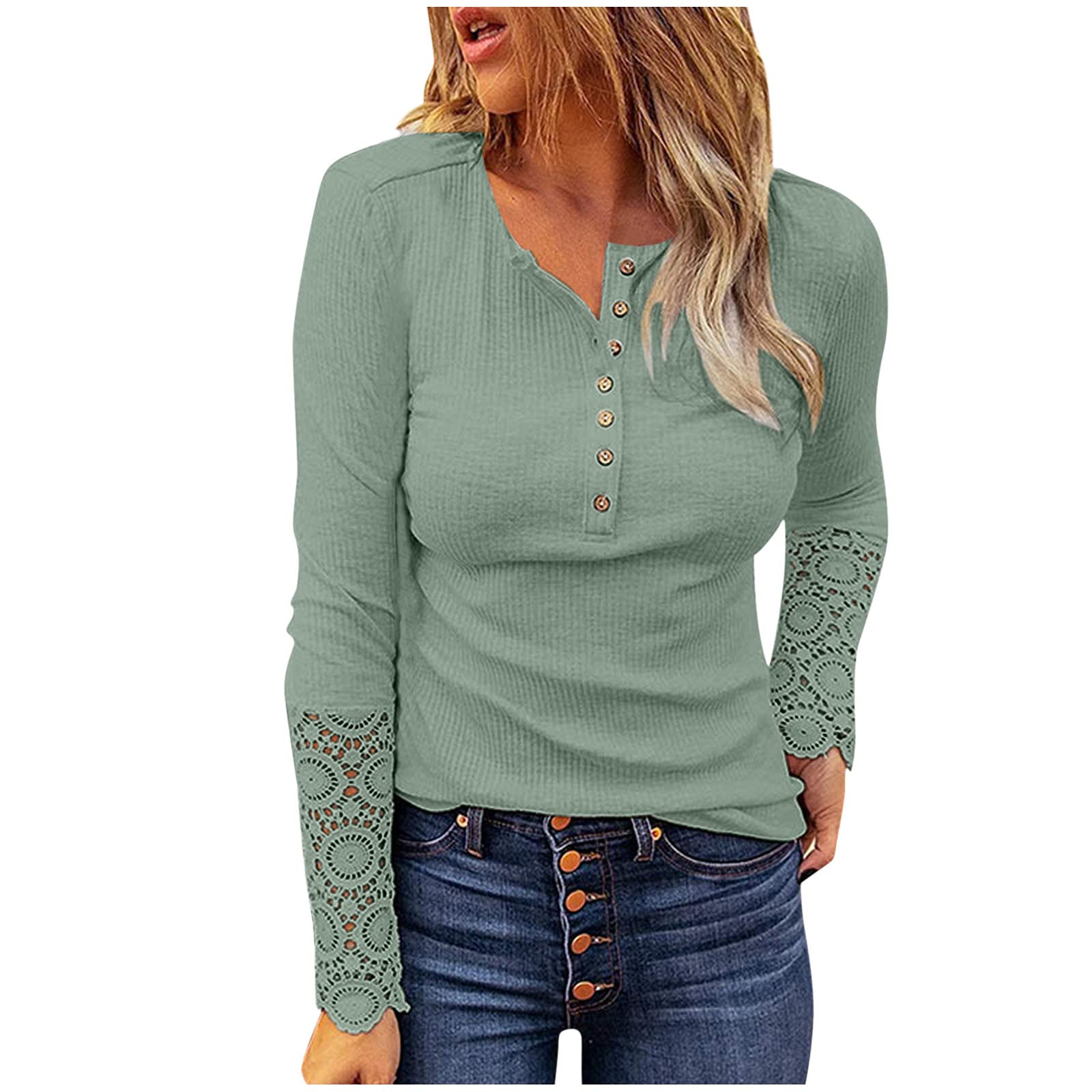 Women's Fall Tops 2023 - Cozy Waffle Knit Long Sleeve Henley Shirts with Ribbed Details & Button Down Collar | Casual Blouses for Autumn Outfits, Layering & Everyday Wear