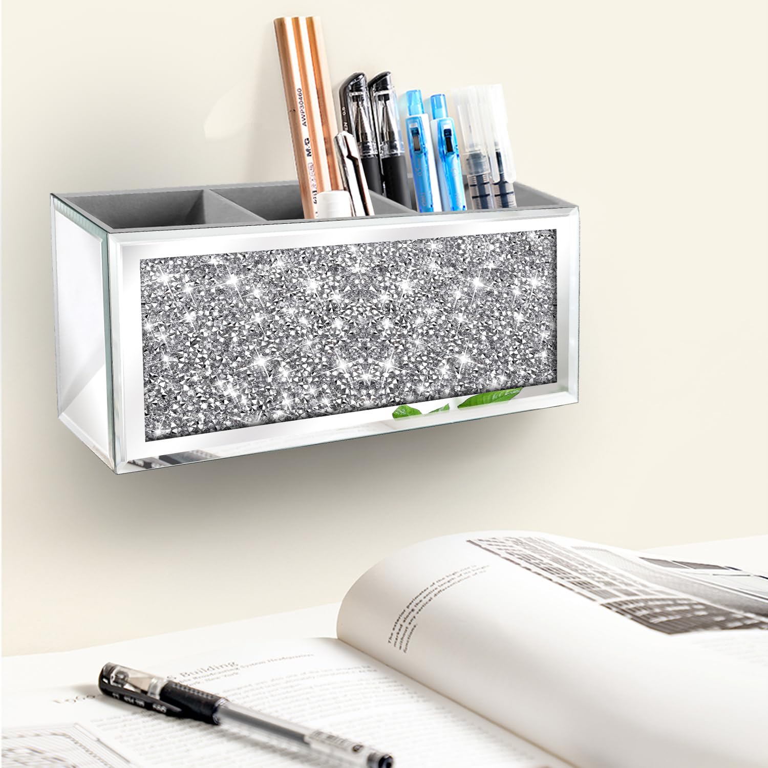 Crystal Crush Diamond Hair Dryer Holder - Wall Mount Organizer for Blow Dryer, Hair Straightener & Brushes - Silver Bathroom Cabinet Tray (10.5”x4”x5”) - Perfect for Salon, Spa & Home Vanity Organization