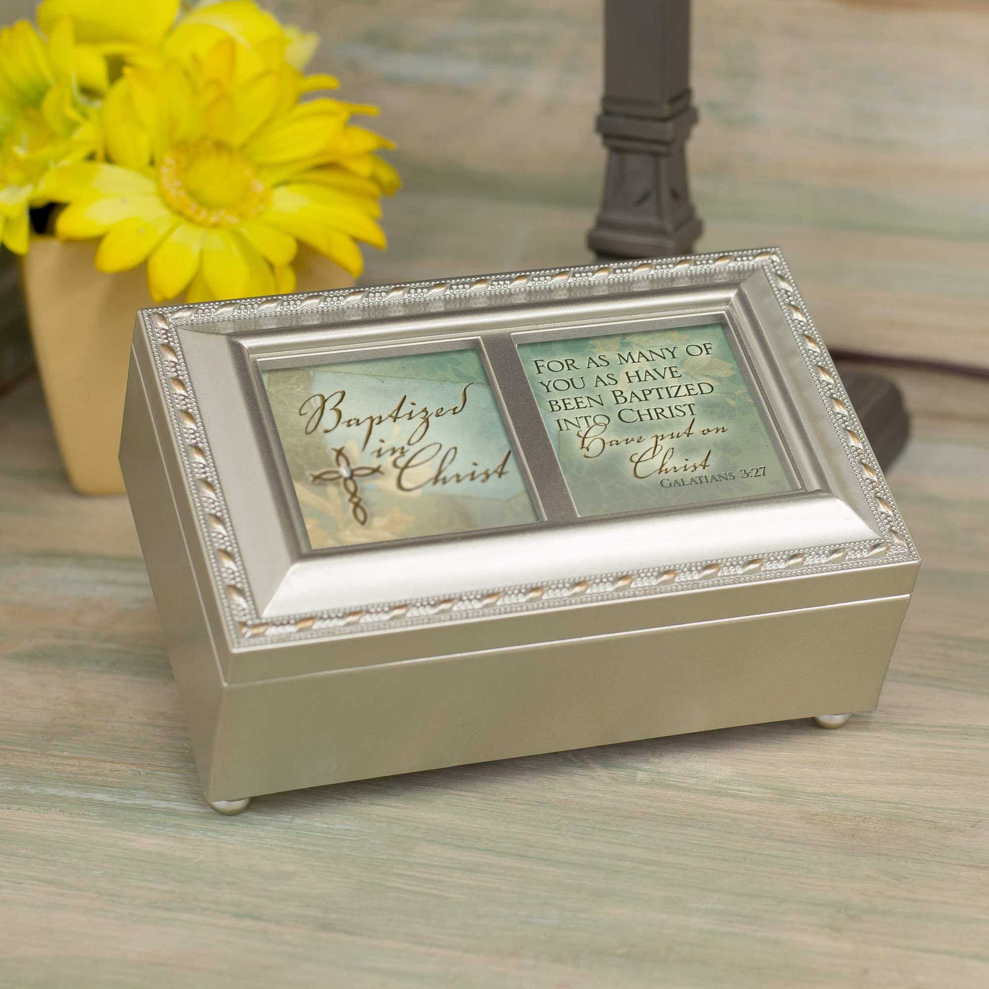 Baptized in Christ Champagne Silver Petite Music Jewelry Box - Plays Amazing Grace Hymn | Perfect for Christian Gifts, Baptism Favors & Home Decor