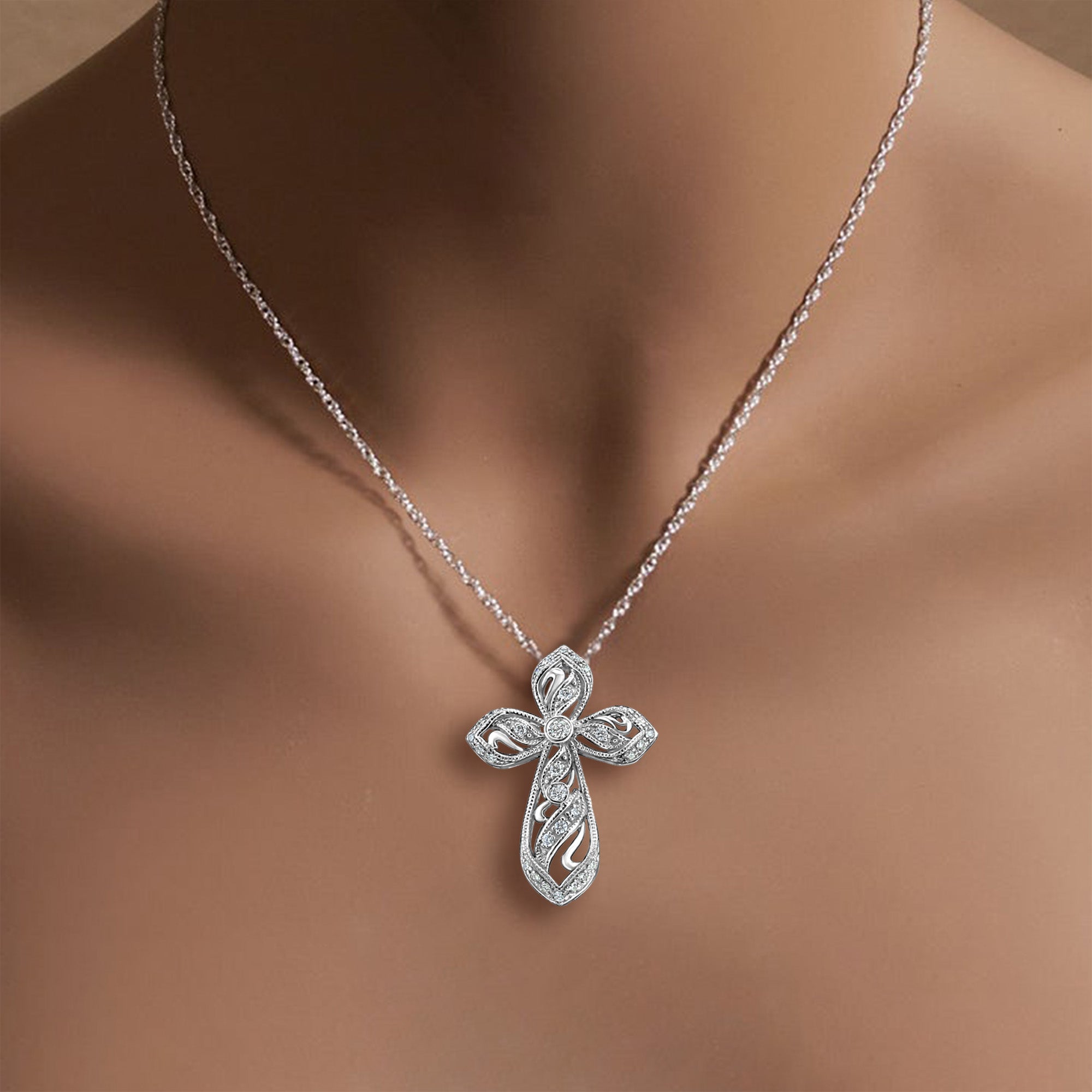 Celtic Irish Style Diamond Cross Pendant .50cttw 14k White Gold Necklace for Women - Elegant Religious Jewelry Gift for Baptism, First Communion & Weddings